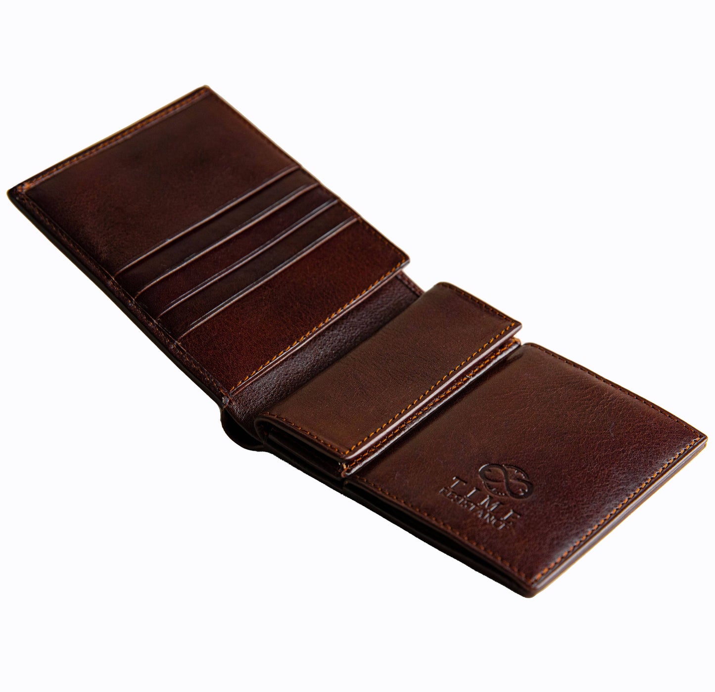 Brown leather wallet with visible brand logo on a white background