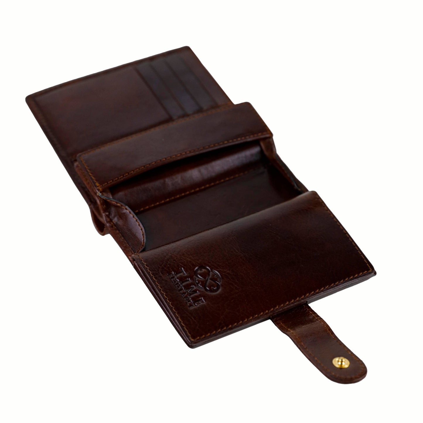 Brown leather wallet with a visible brand logo on a white background