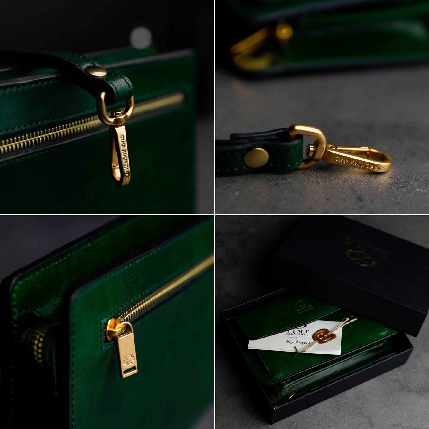 Collage of a green leather bag with gold zipper and tag, featuring brand name.