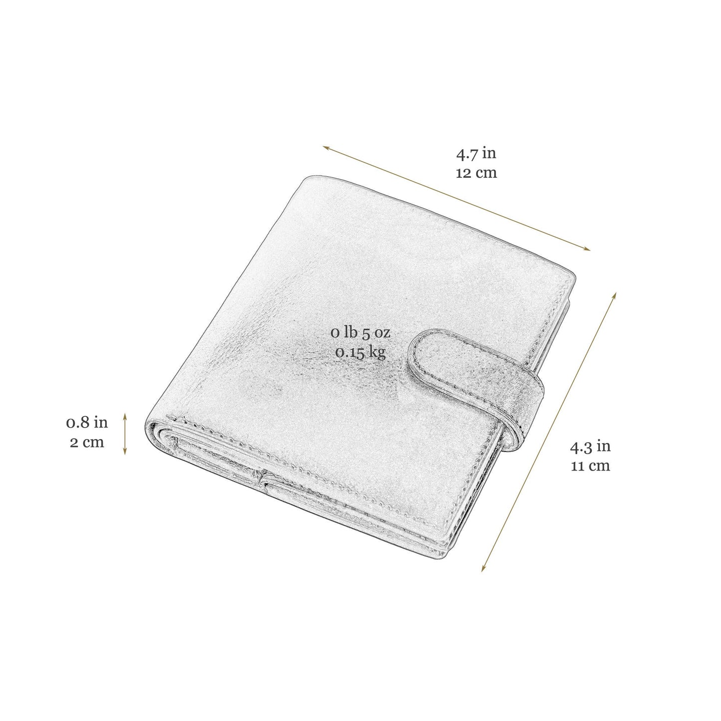Measurement chart of a folded wallet with dimensions and weight details.