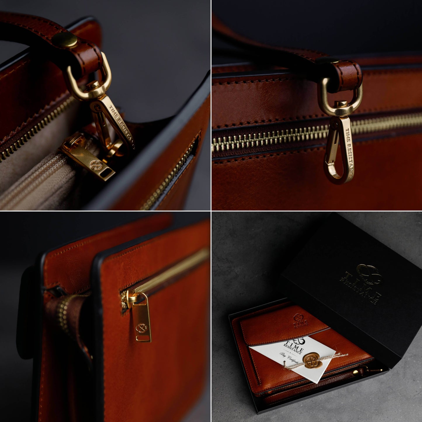 Collage of a brown leather bag with gold zipper and brand logo on a dark background