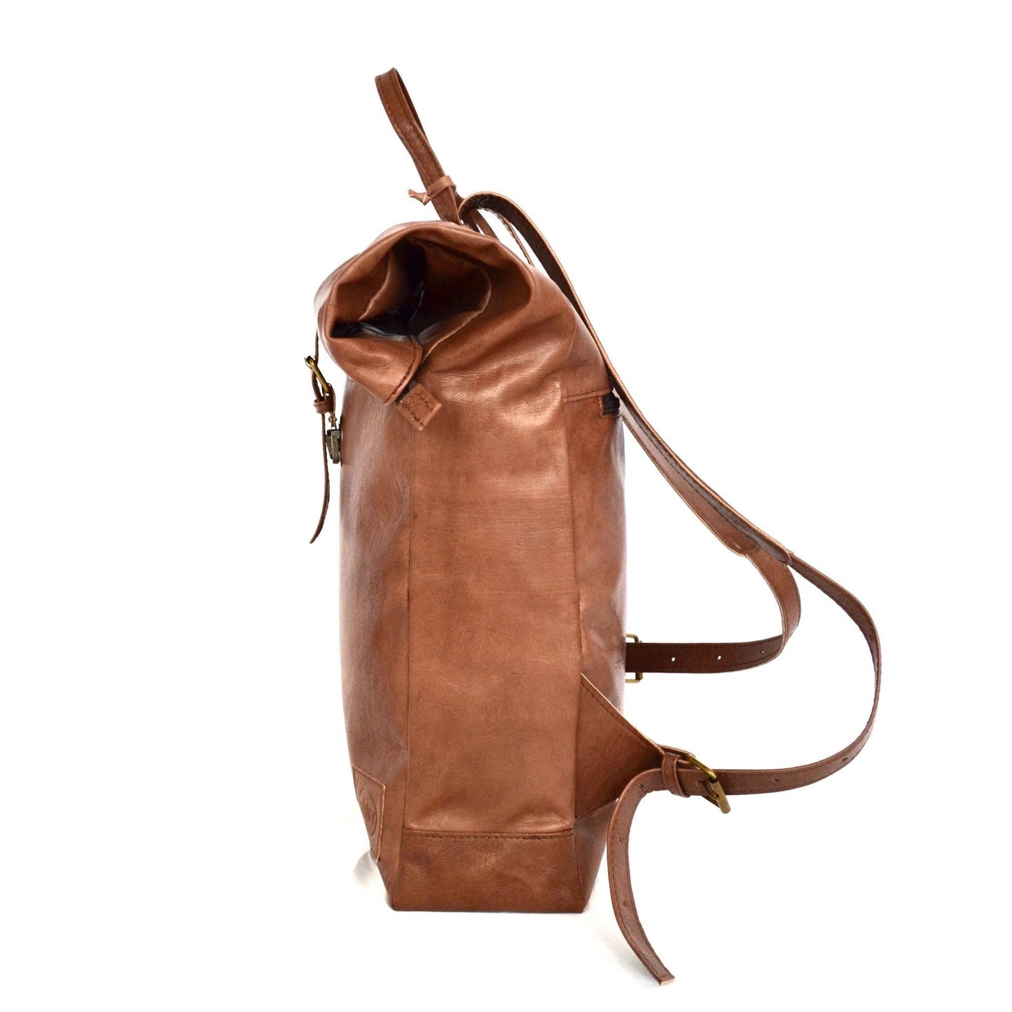 Brown leather backpack on a white background