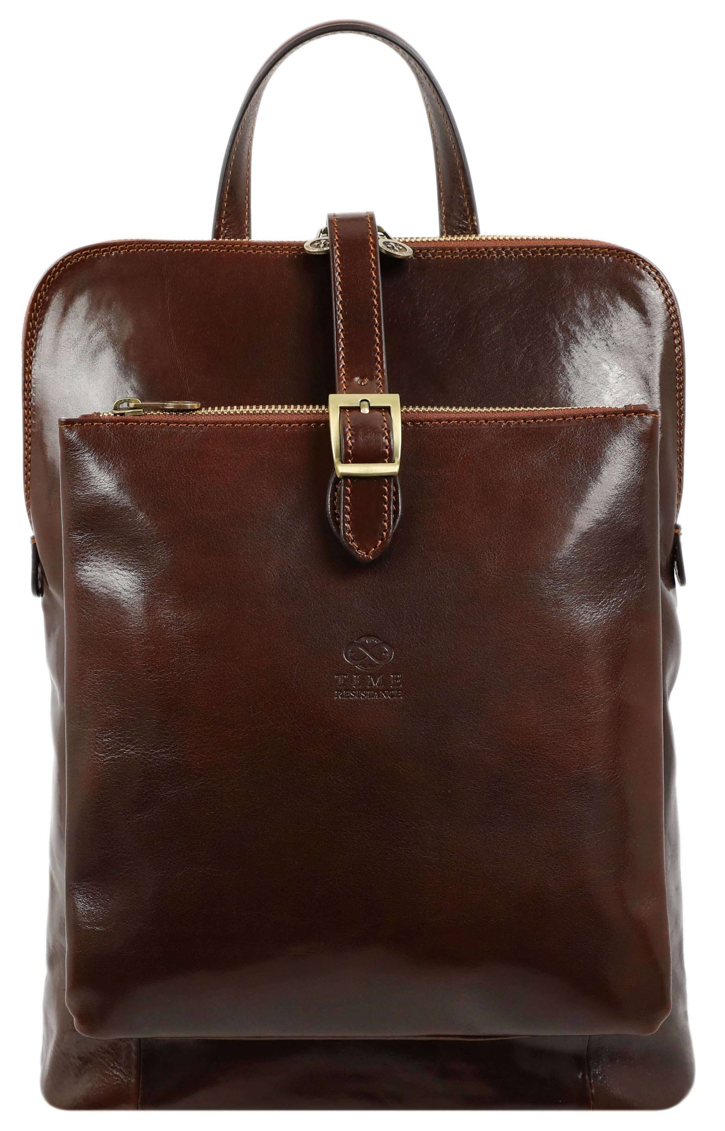 A brown women's leather backpack with a front pocket and metal buckle, designed to be carried on the back or shoulder.