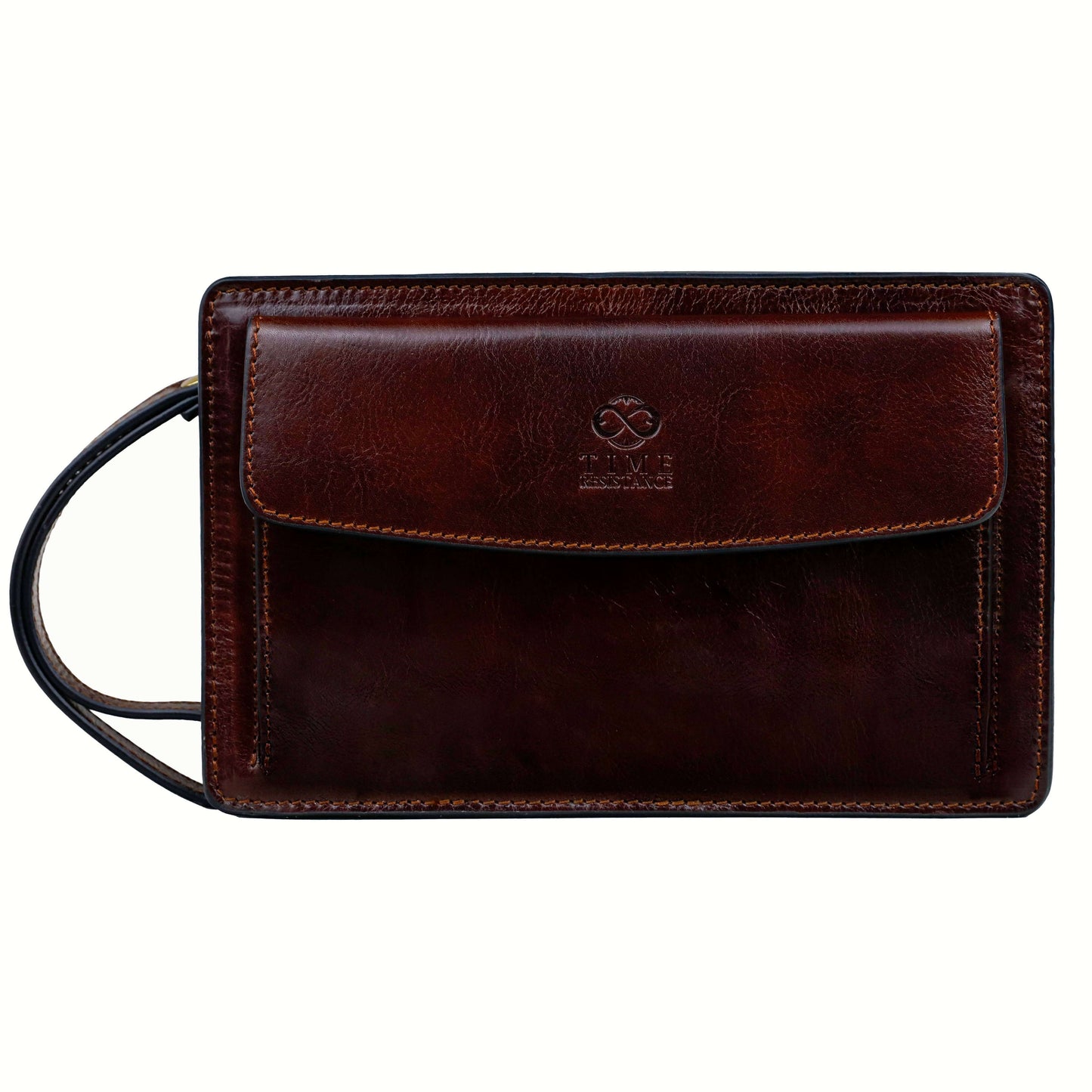 A brown leather clutch purse with a detachable leather band and a zippered closure. The clutch has an embossed logo on the front and appears to have a smooth, full-grain texture.