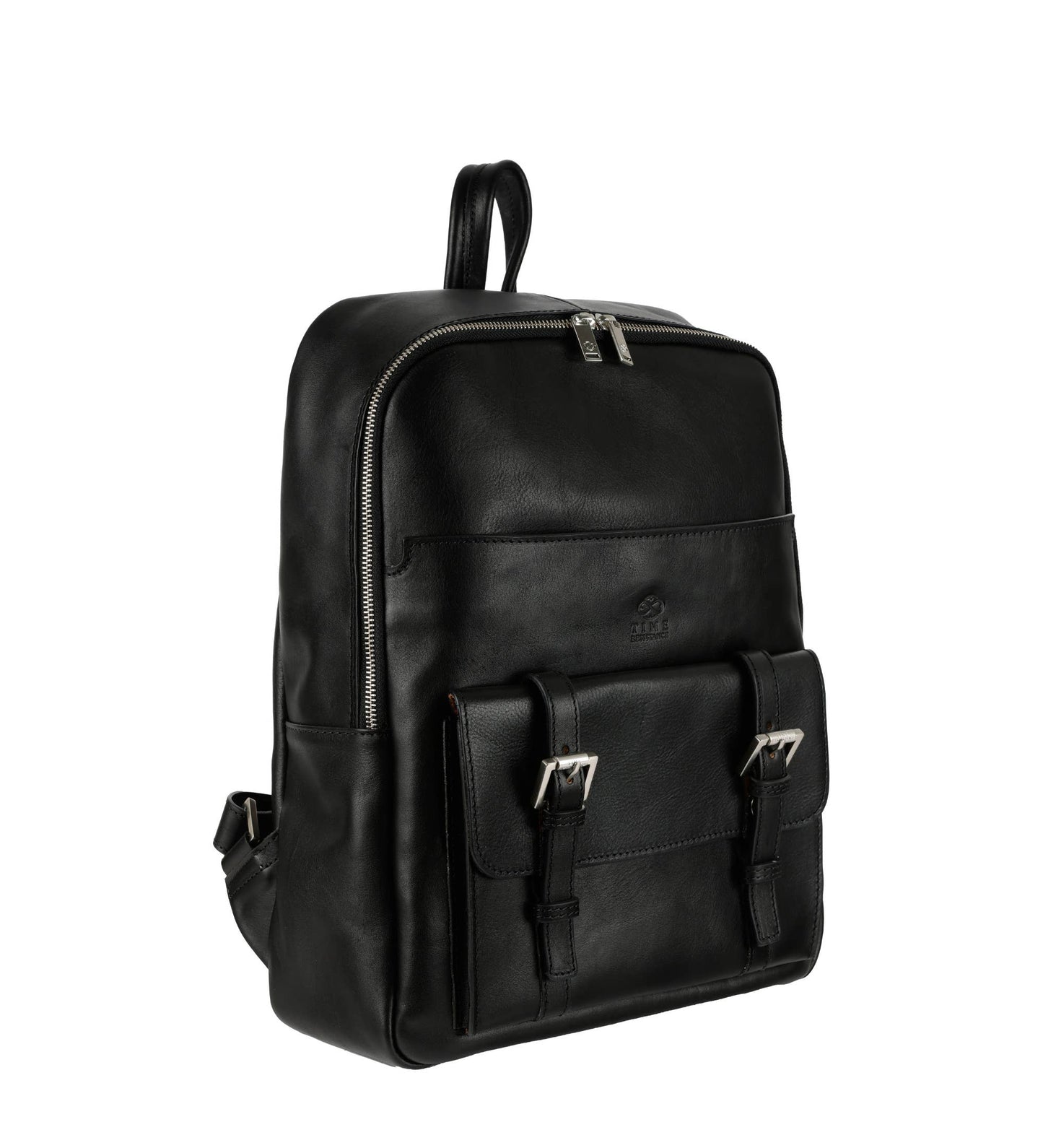 Black leather backpack on a white background