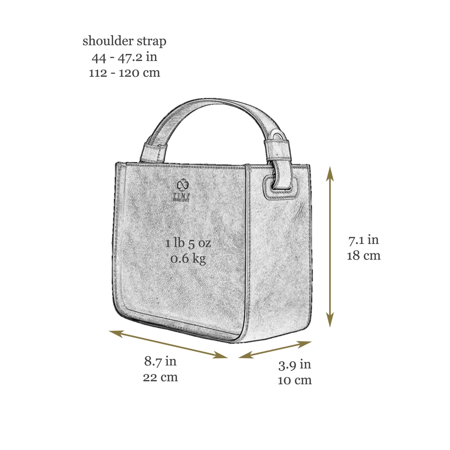 Measurement chart of a small bag with dimensions labeled h 18, l 22, d 10 cm