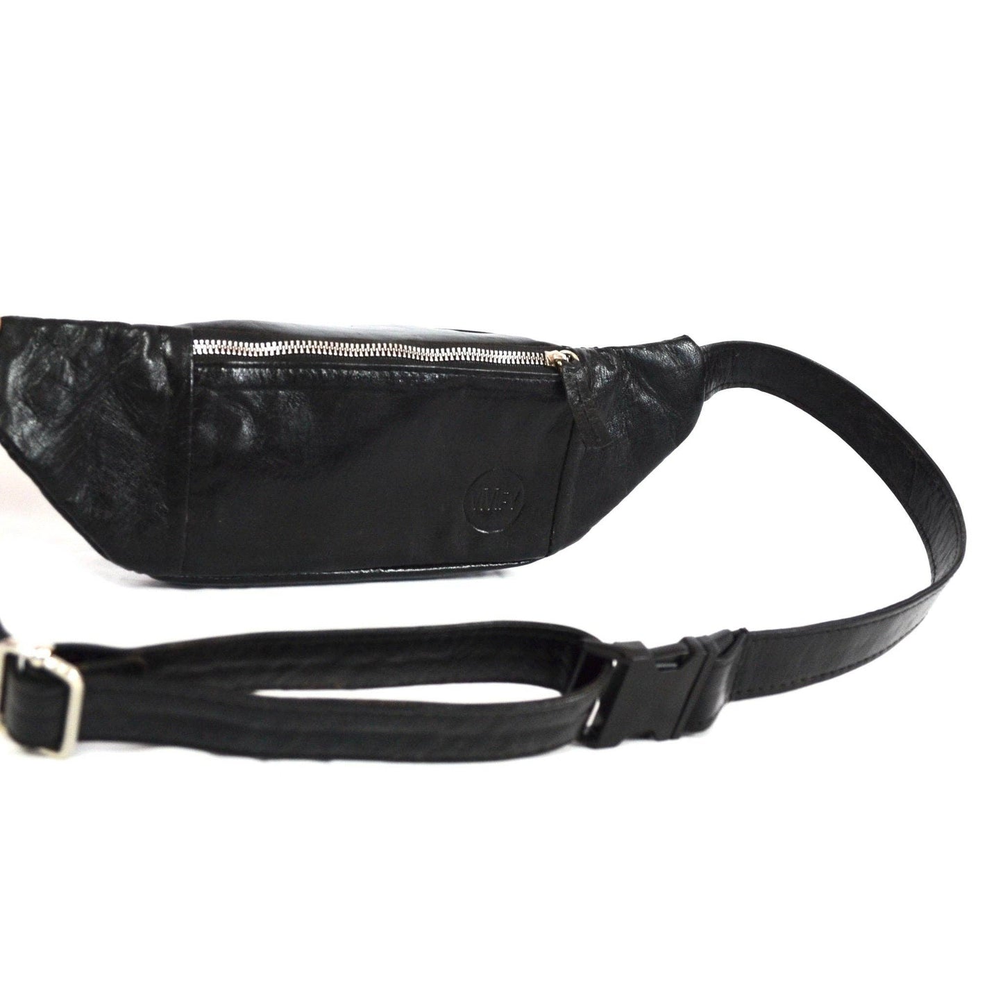 Black leather waist bag on a white background