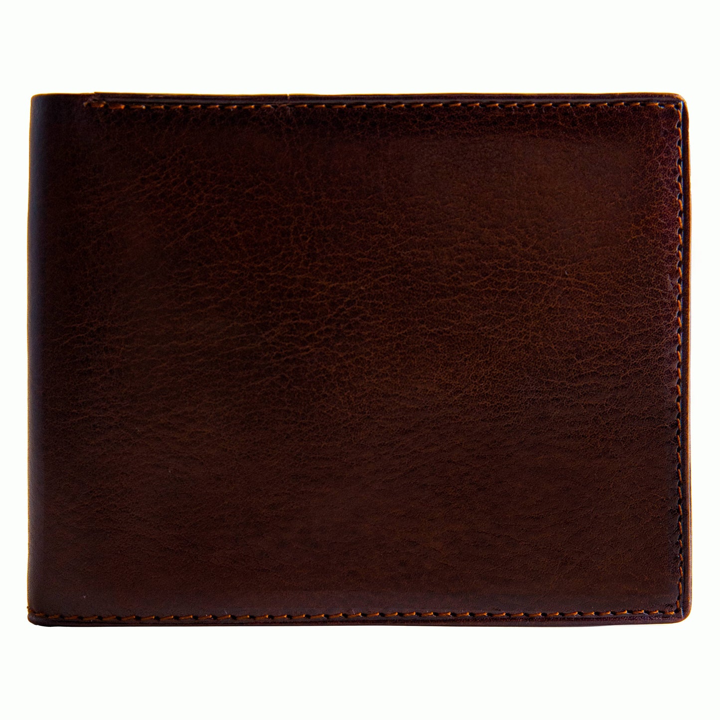 A brown leather bifold wallet with a smooth texture, shown in a closed position.