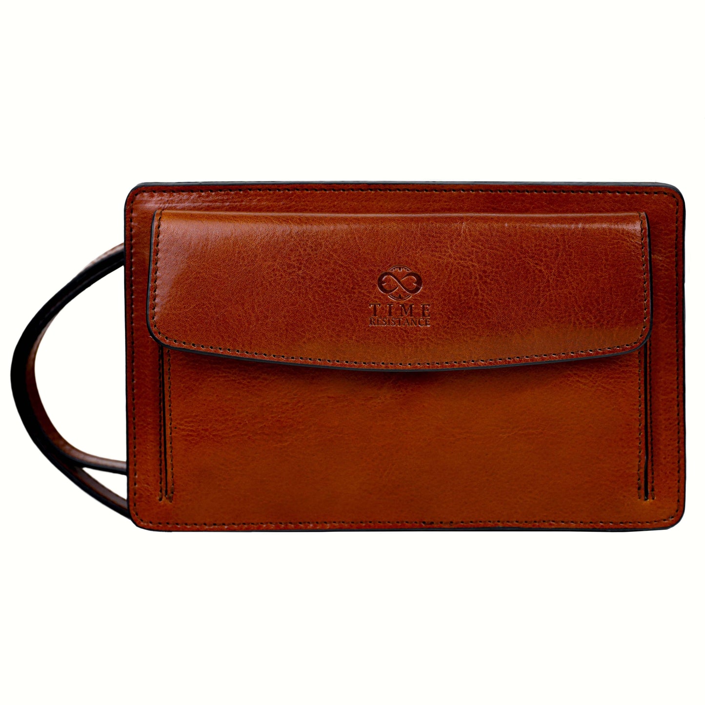 Brown leather clutch bag with a strap on a white background