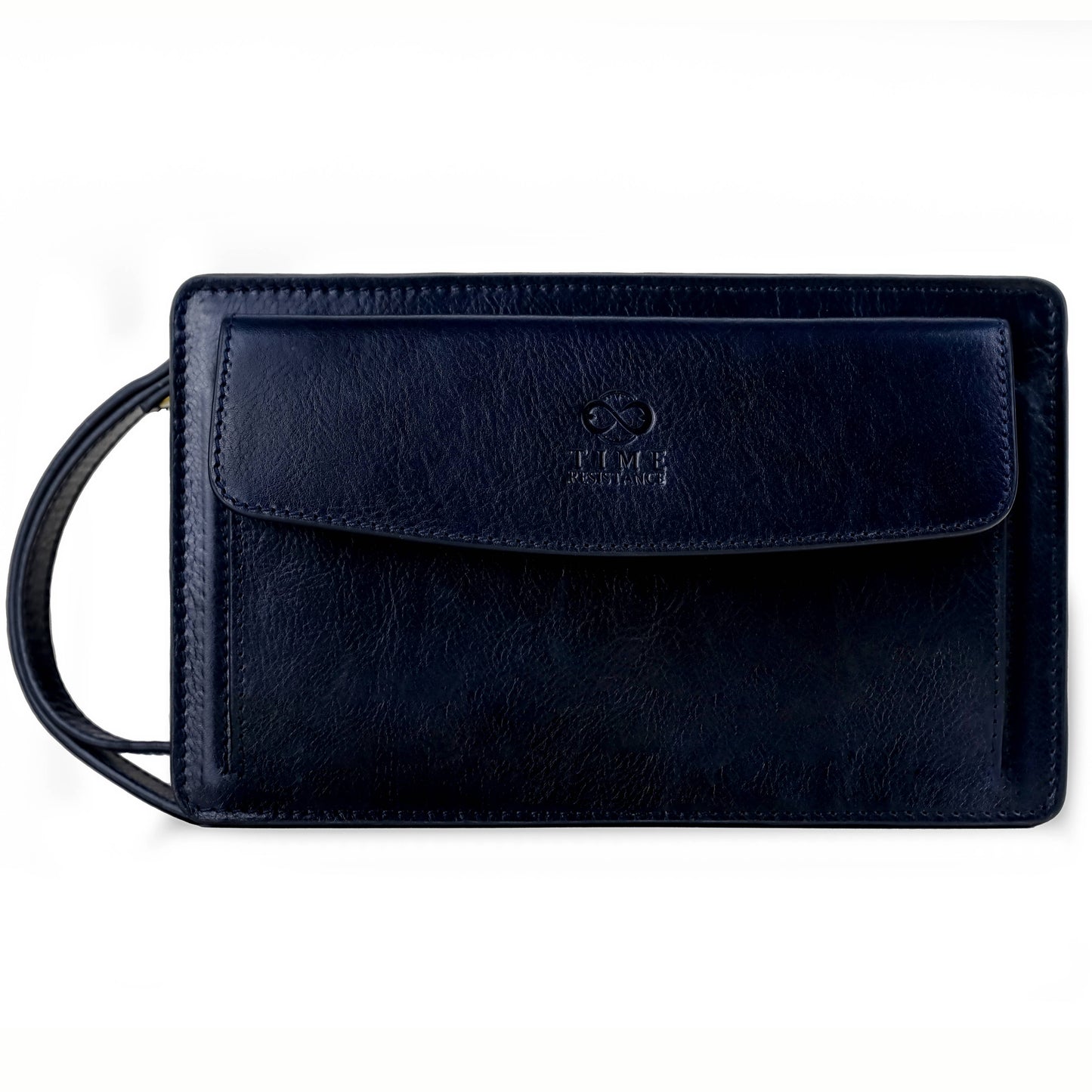 Black leather clutch bag with a strap on a white background