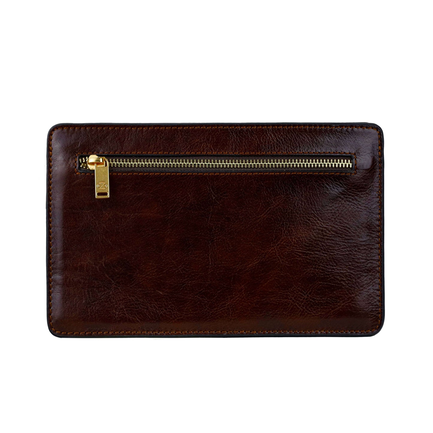 Brown leather wallet with a gold zipper on a white background