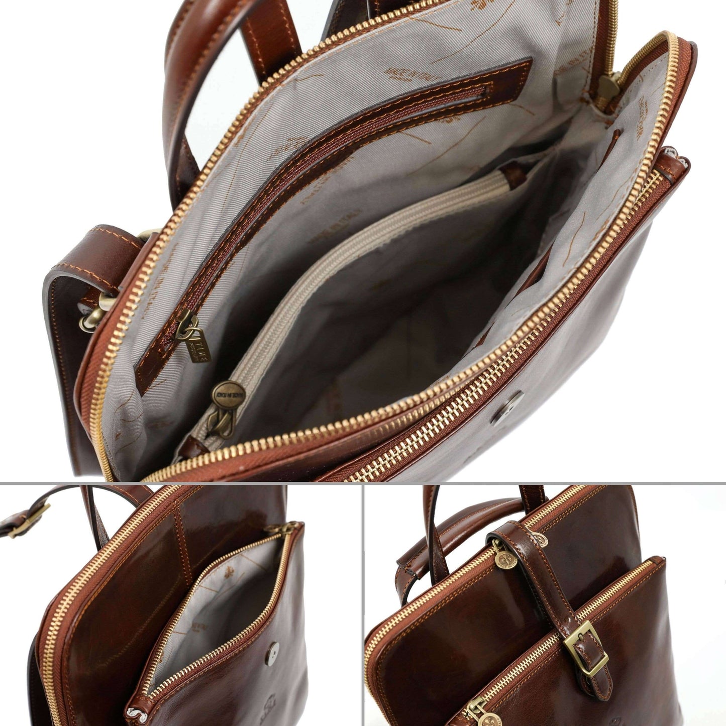 Brown leather handbag with gold zipper and interior details on a white background