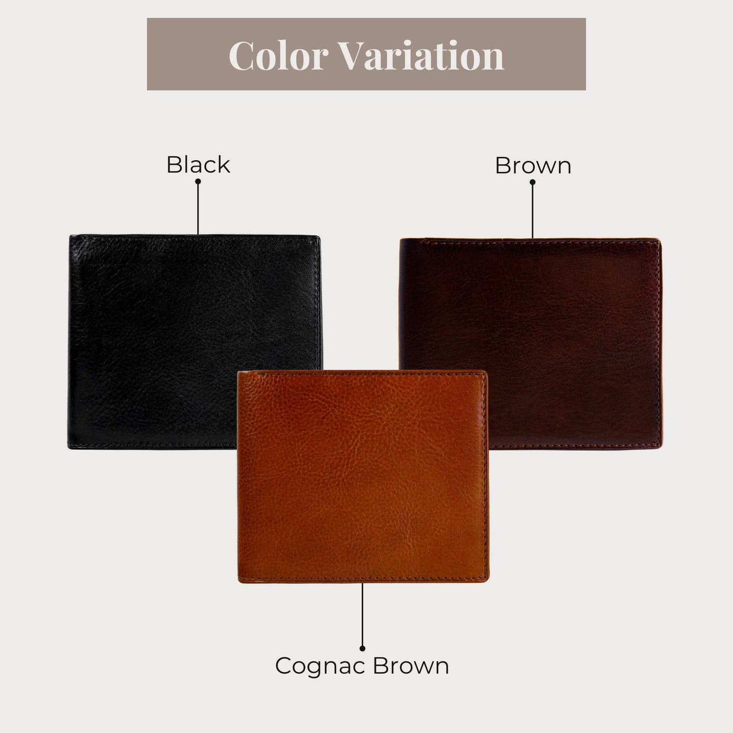 Three leather wallets in black, brown, and cognac brown on a light gray background.