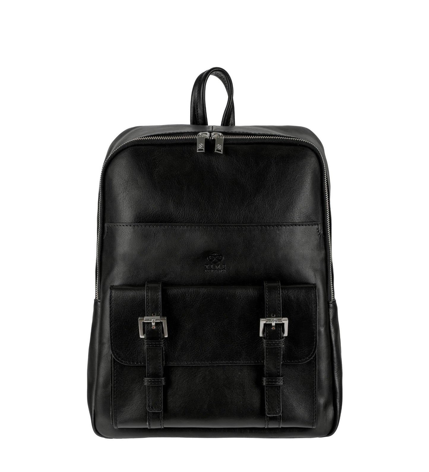 Black leather backpack on a white background
