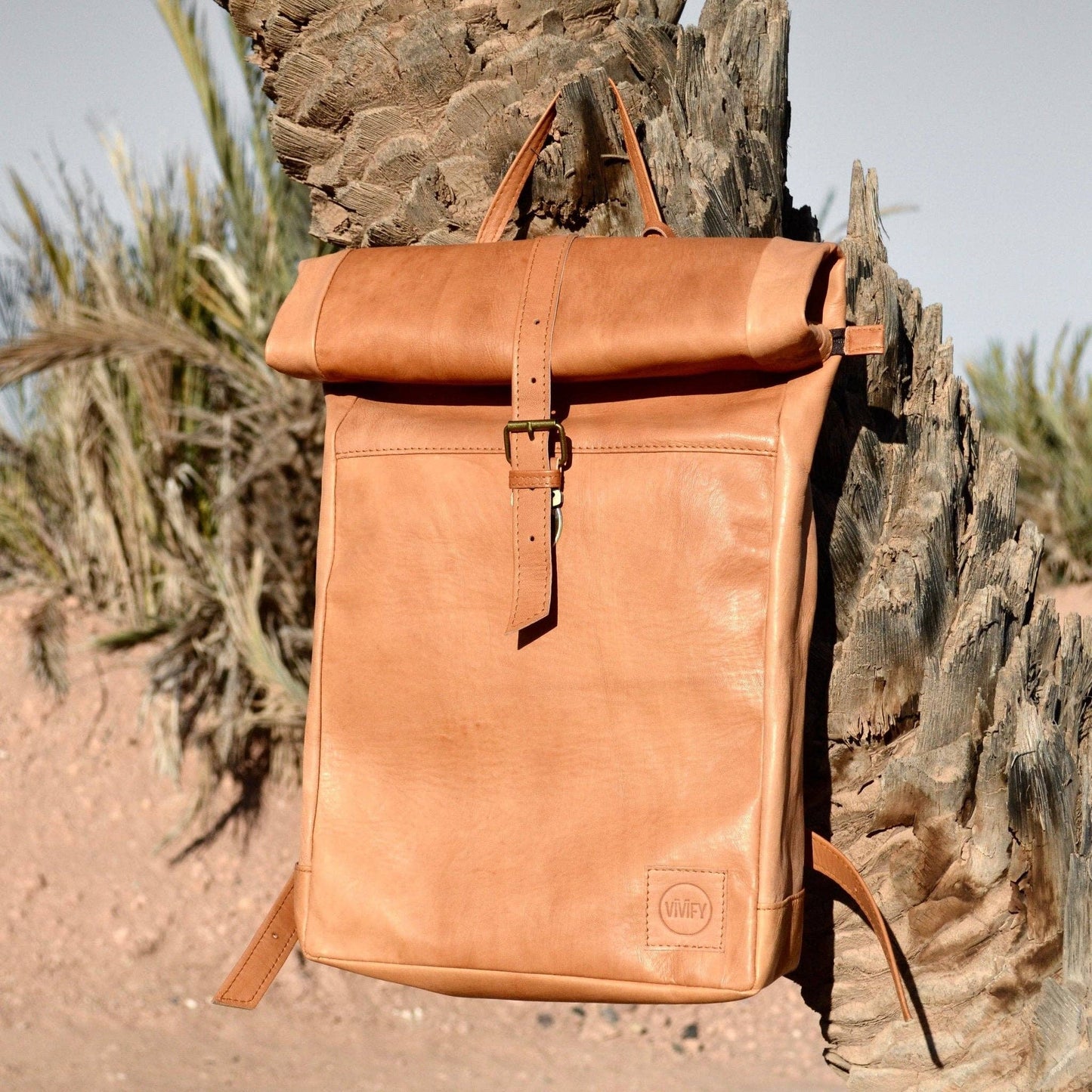Brown leather backpack on a rocky surface with desert plants in the background