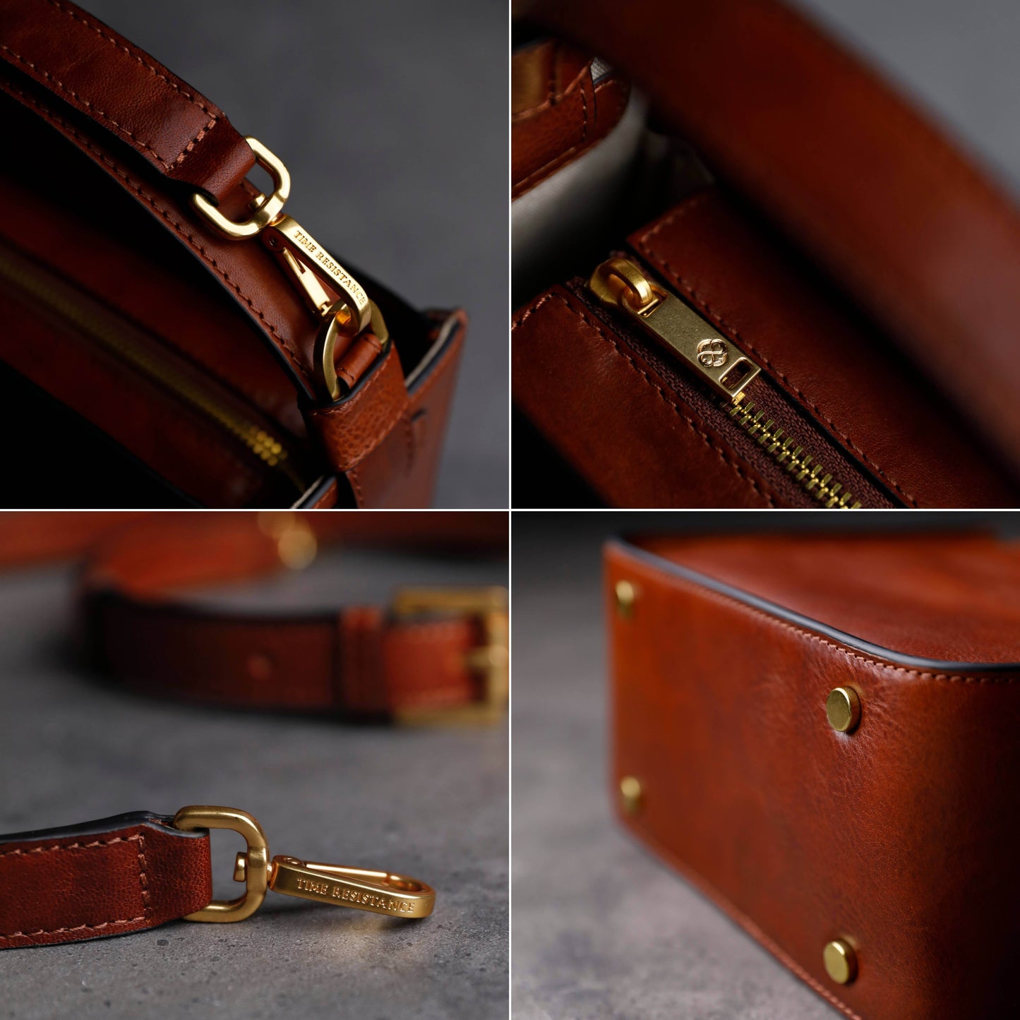 Close-up details of Alms for Oblivion women's leather handbag featuring gold hardware and durable full-grain cowhide.