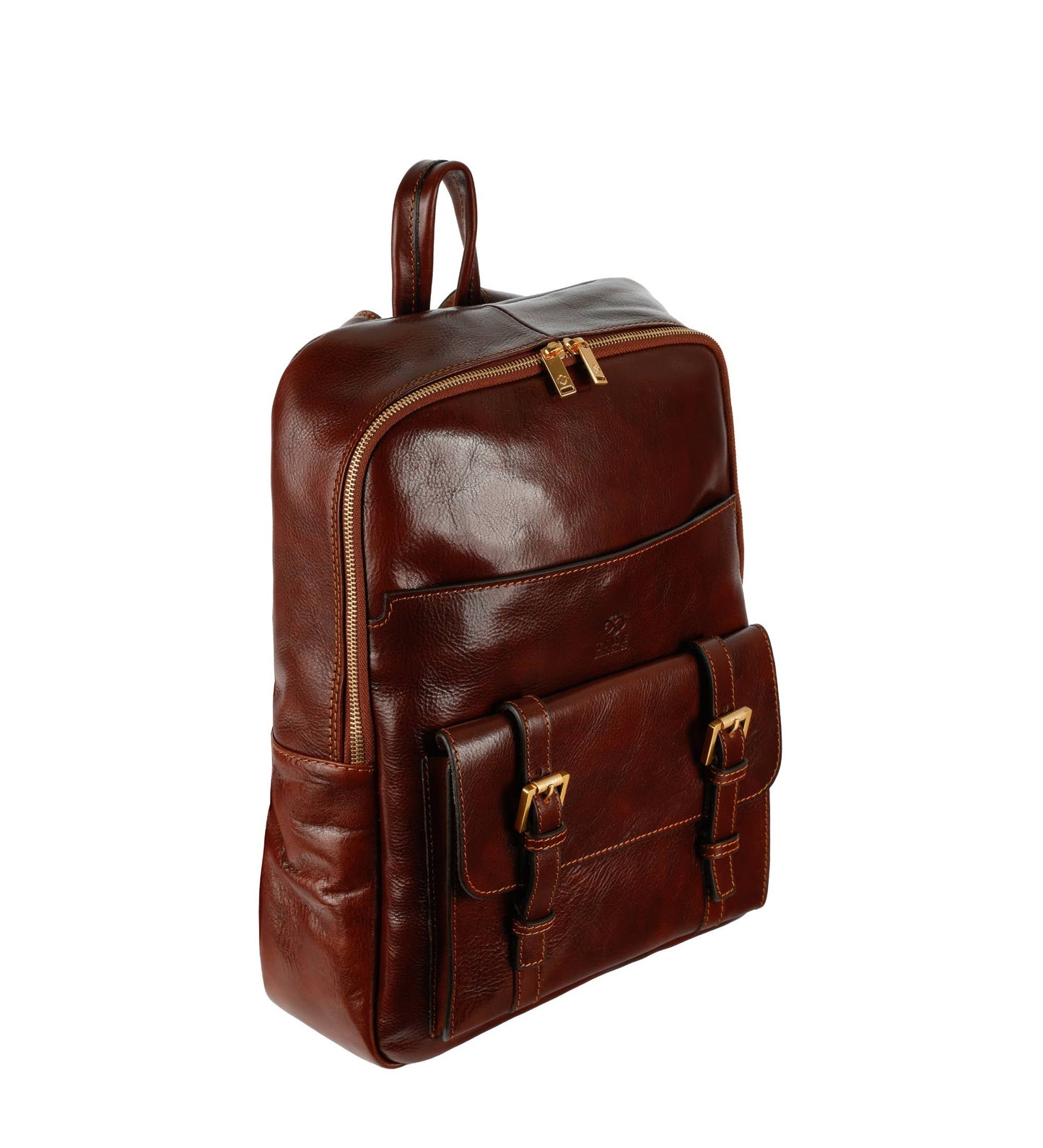Brown leather backpack with gold zippers on a white background