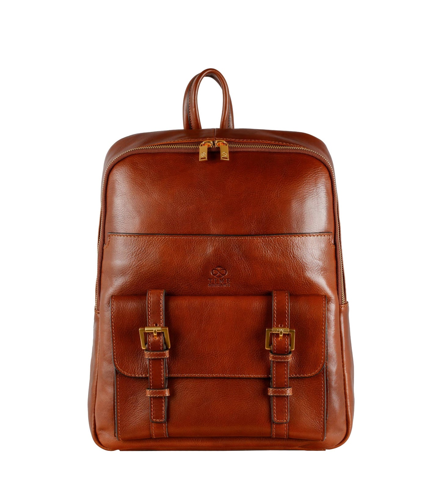 Brown leather backpack on a white background