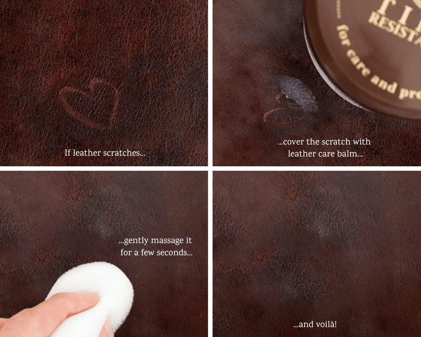 Step-by-step guide showing leather balm application to cover scratches on leather.