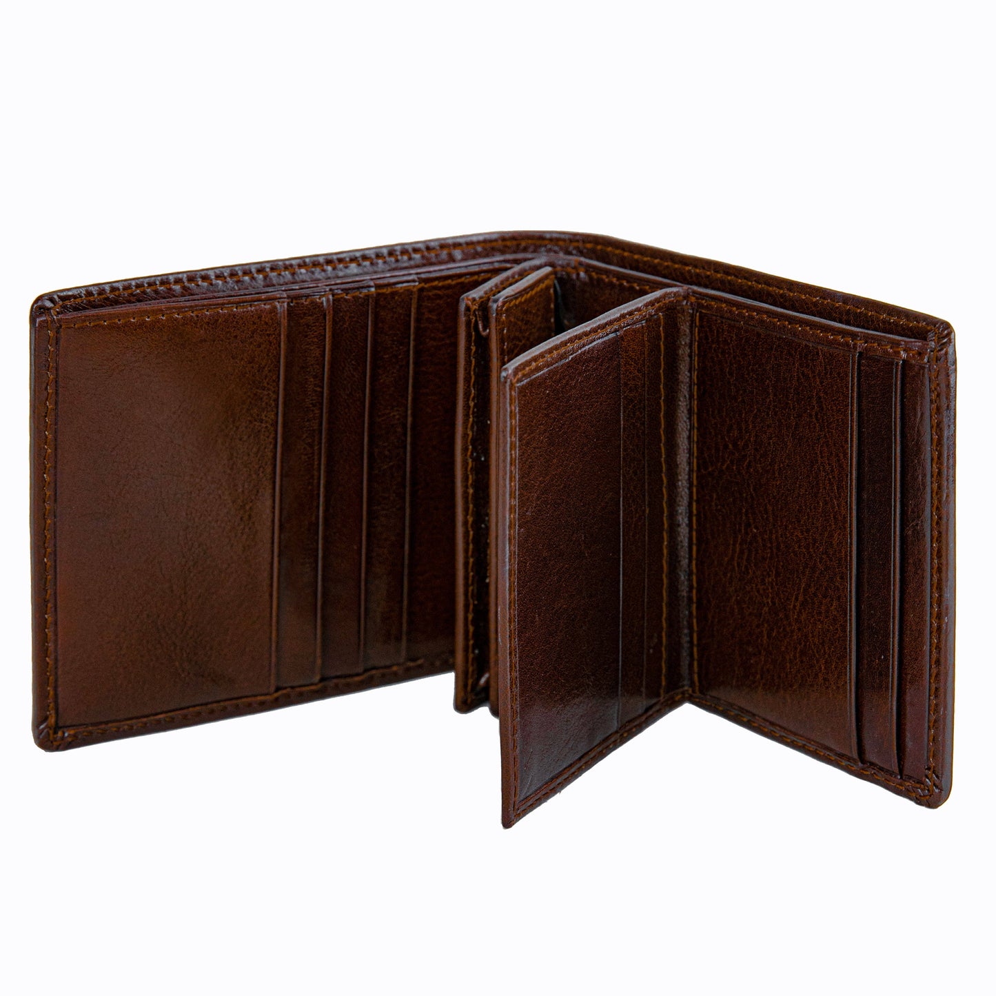 Brown leather wallet open on a white background