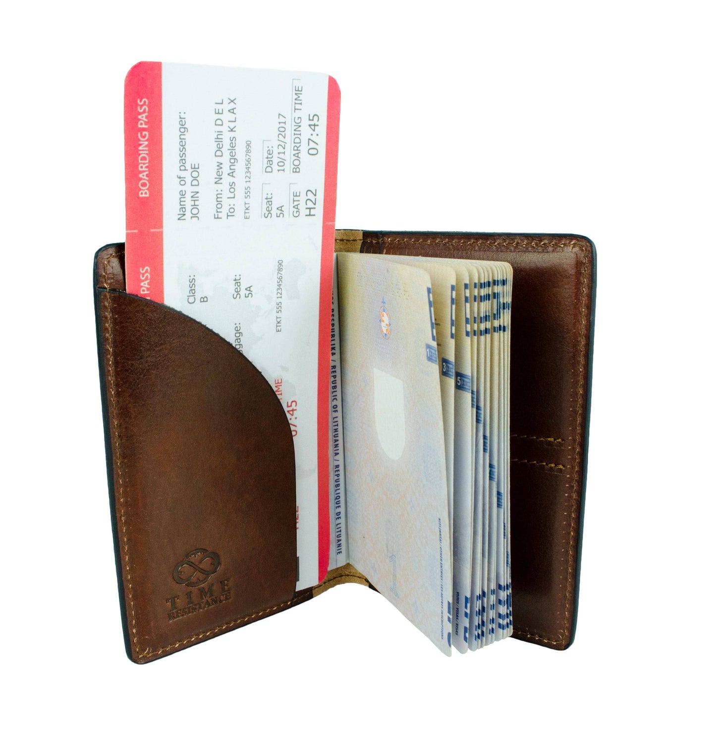 Brown leather wallet with boarding pass and passport holder on a white background