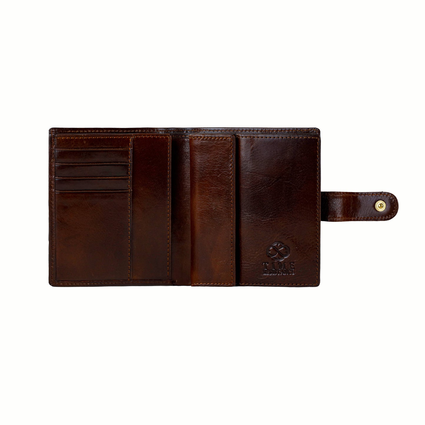 Brown leather wallet with visible brand logo on a white background