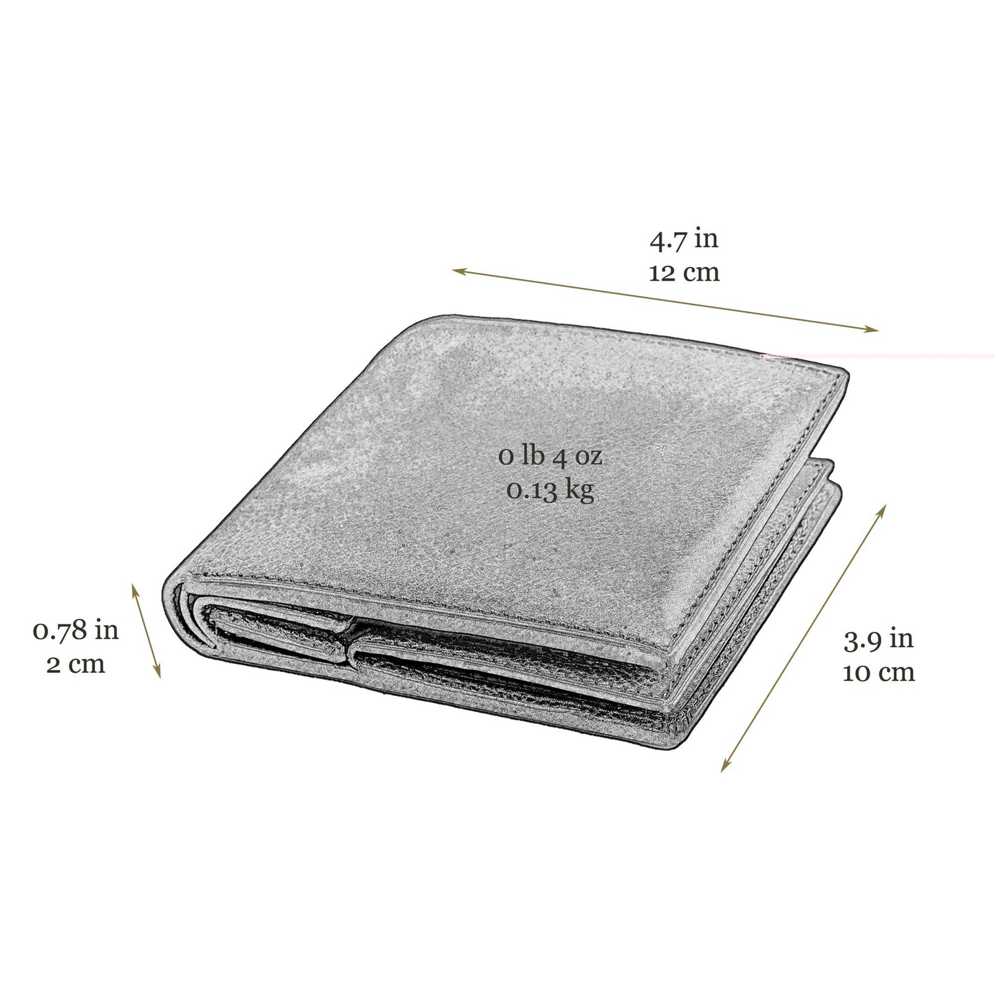 Gray wallet with measurements indicated on a white background