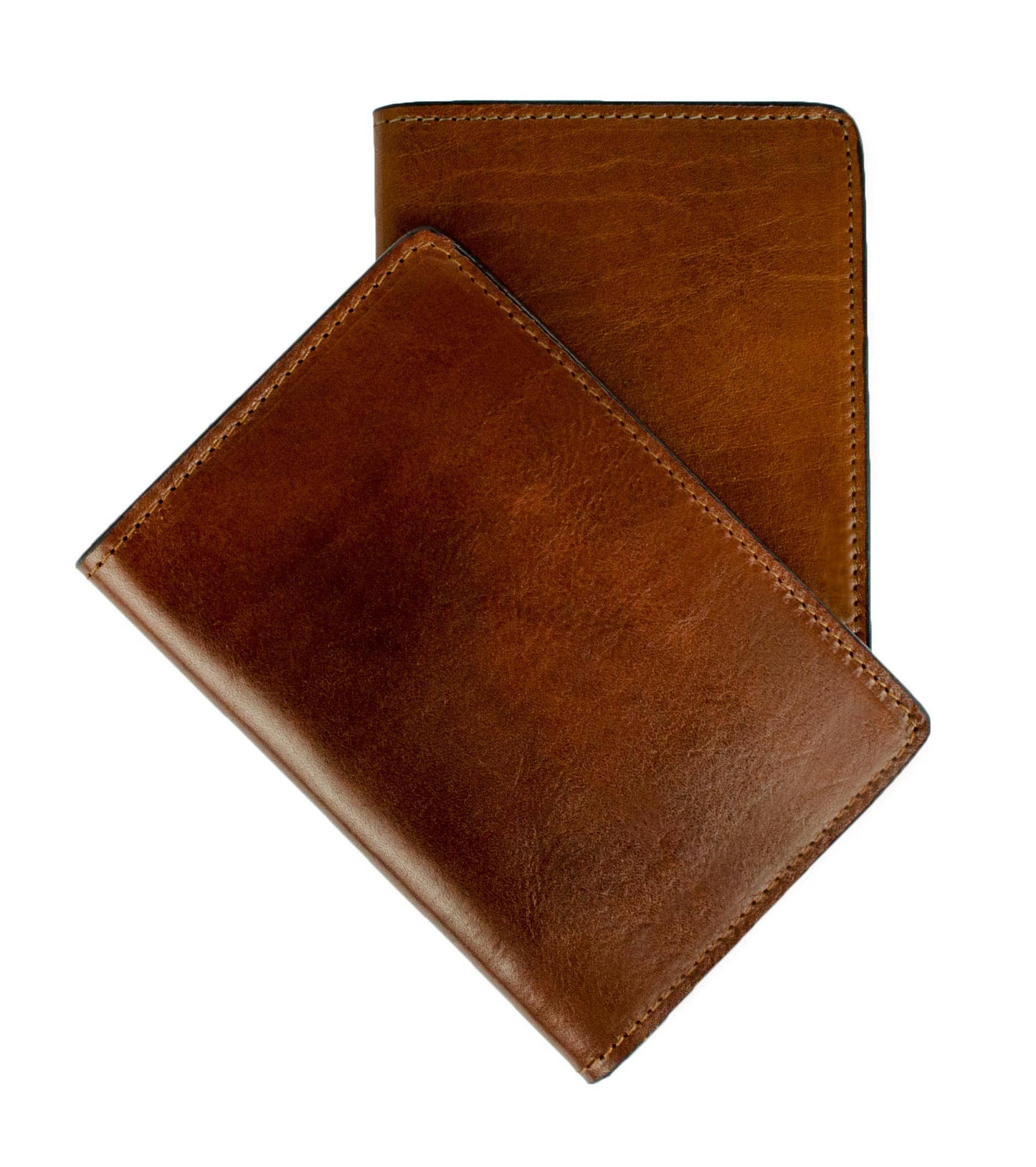 A brown leather passport holder with a classic design, featuring a flat surface and a slightly raised edge.