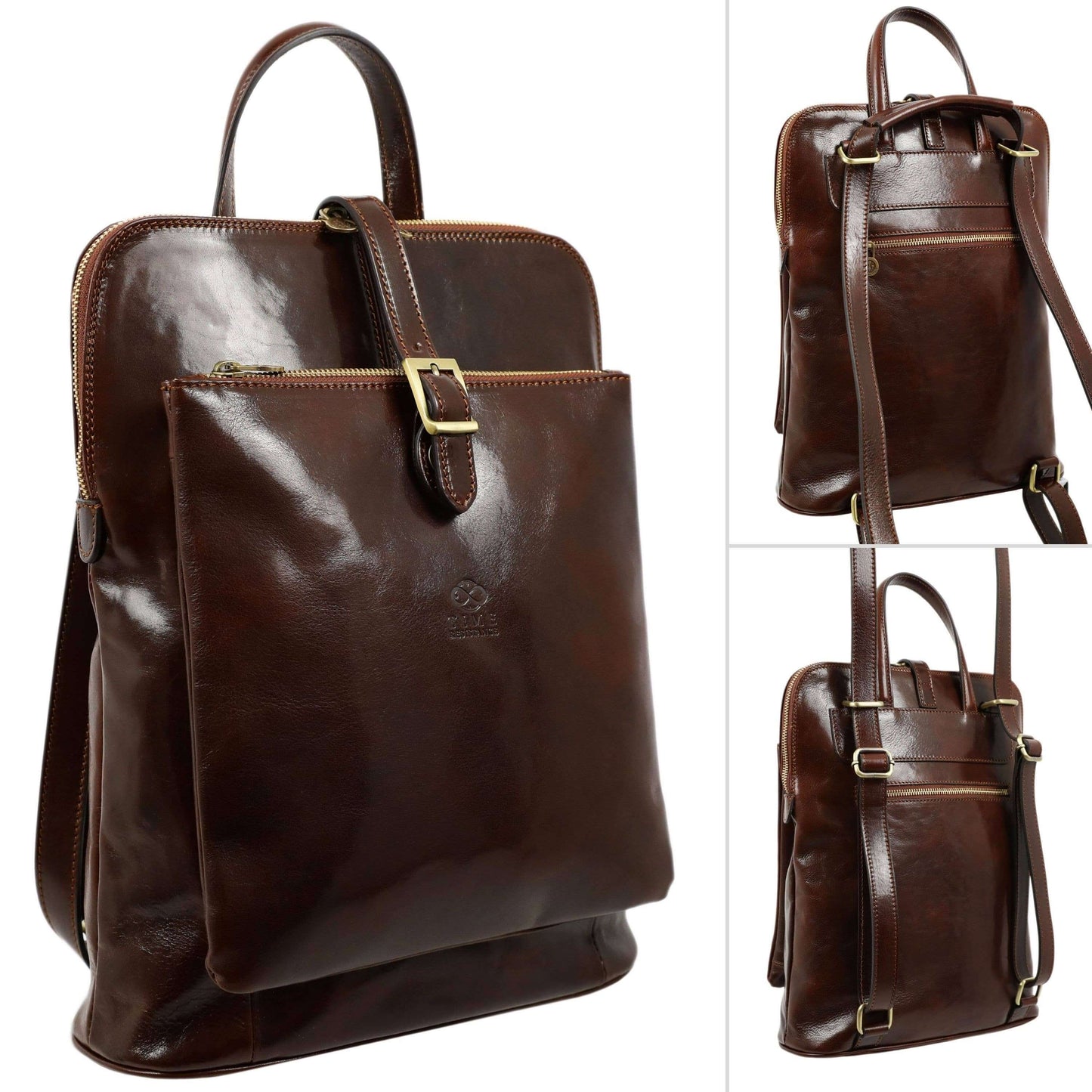 Brown leather backpack shown from multiple angles on a white background