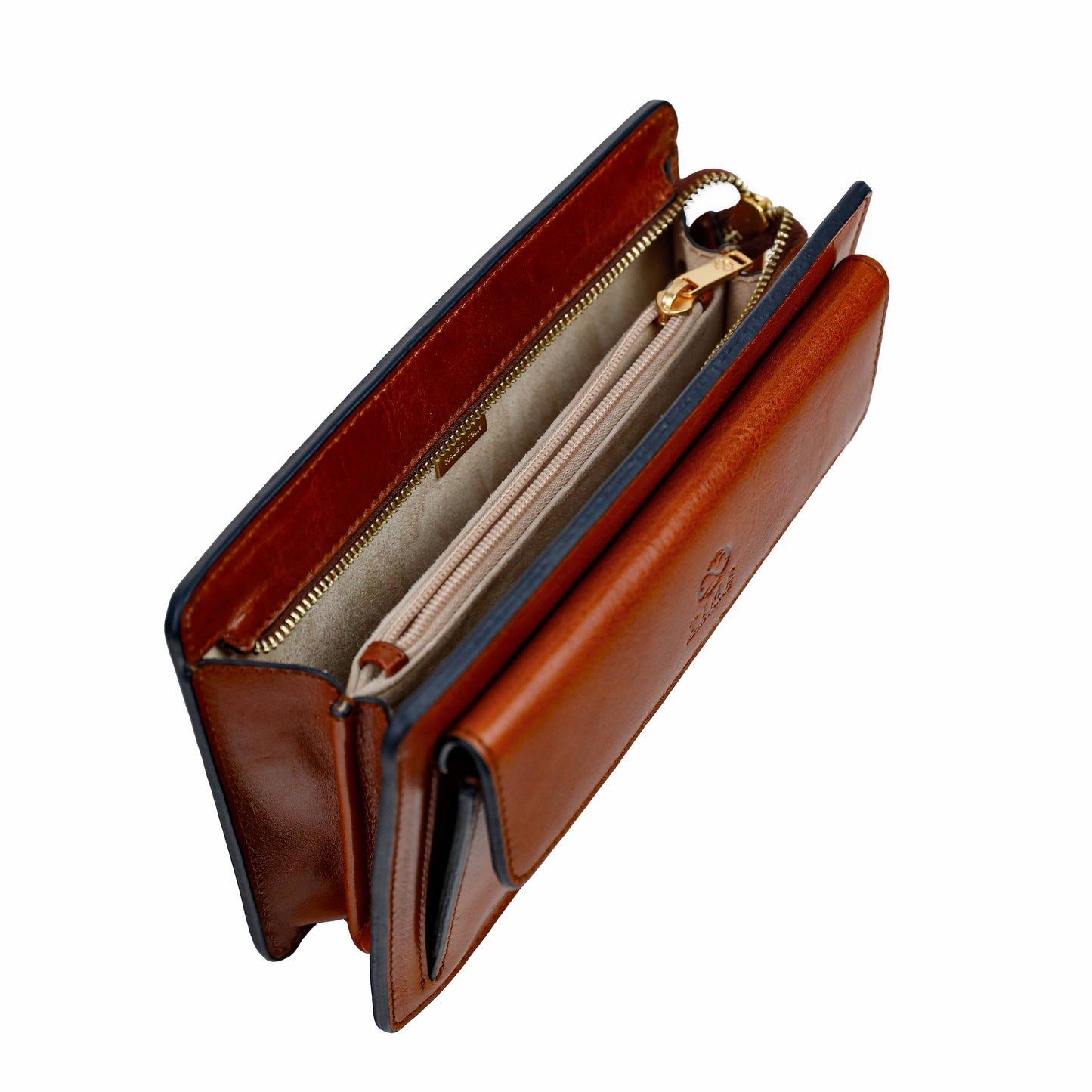 Brown leather wallet with gold zipper on a white background