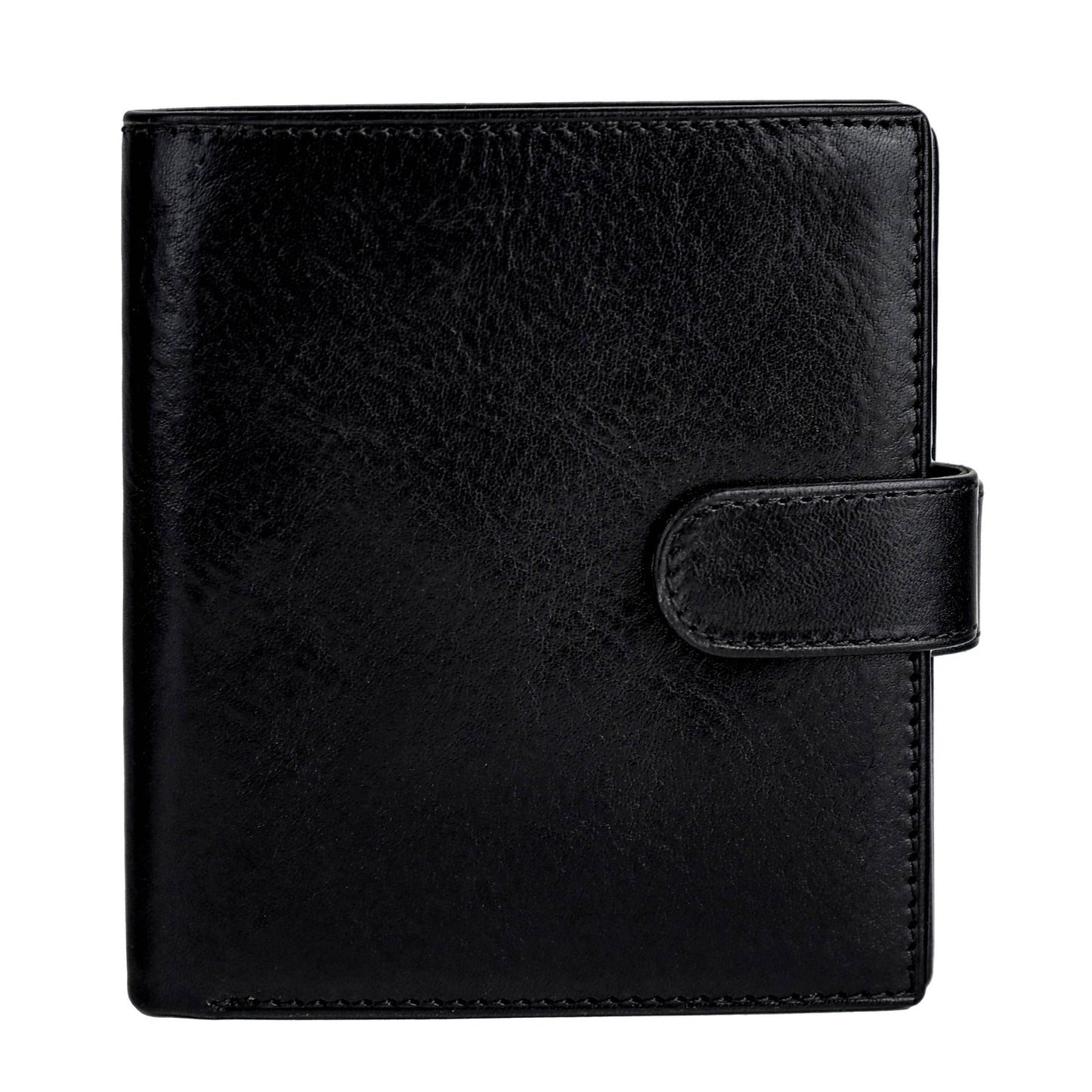 A brown leather bifold wallet with a snap closure.