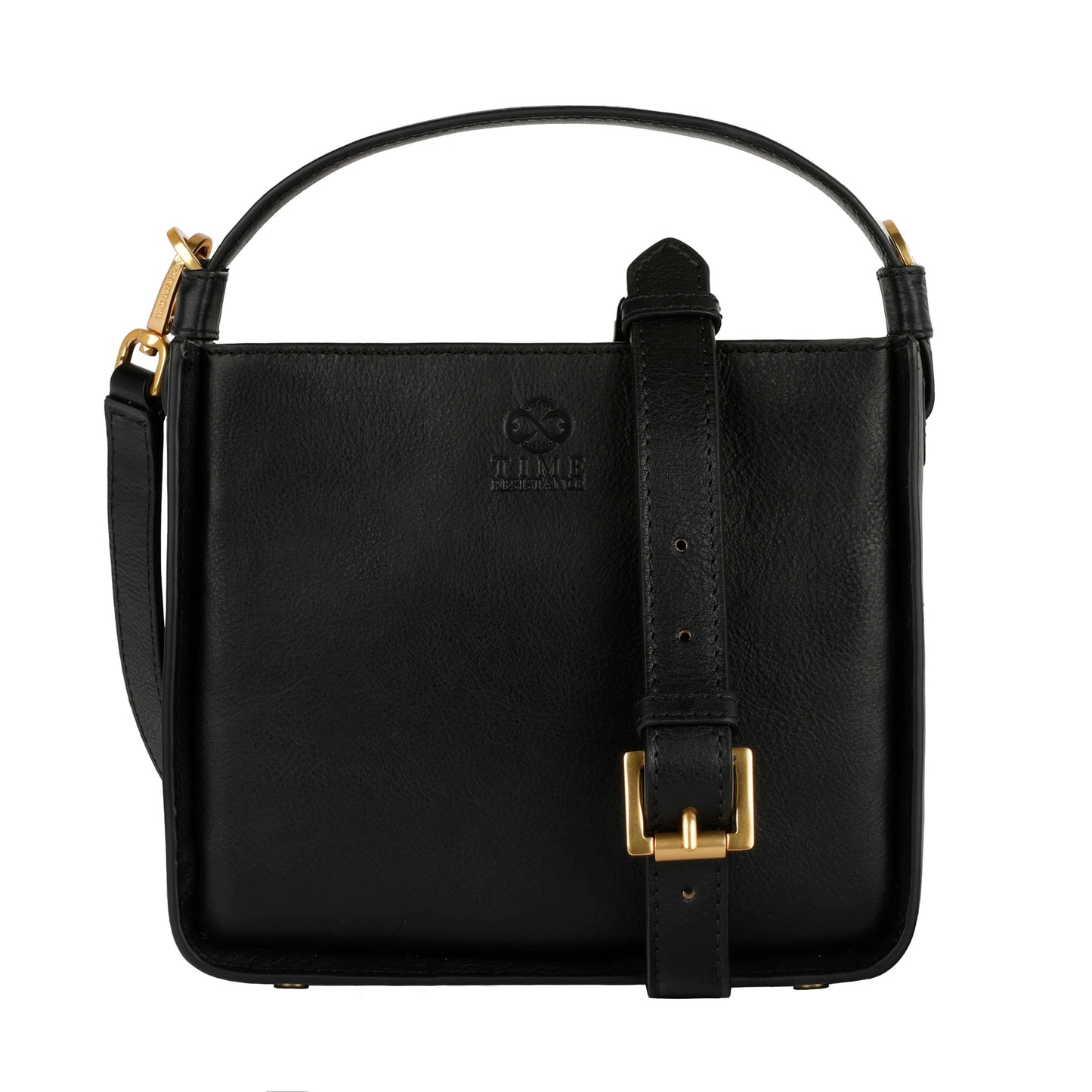 Women Leather Handbag 'Alms for Oblivion' in black with gold hardware and detachable strap.