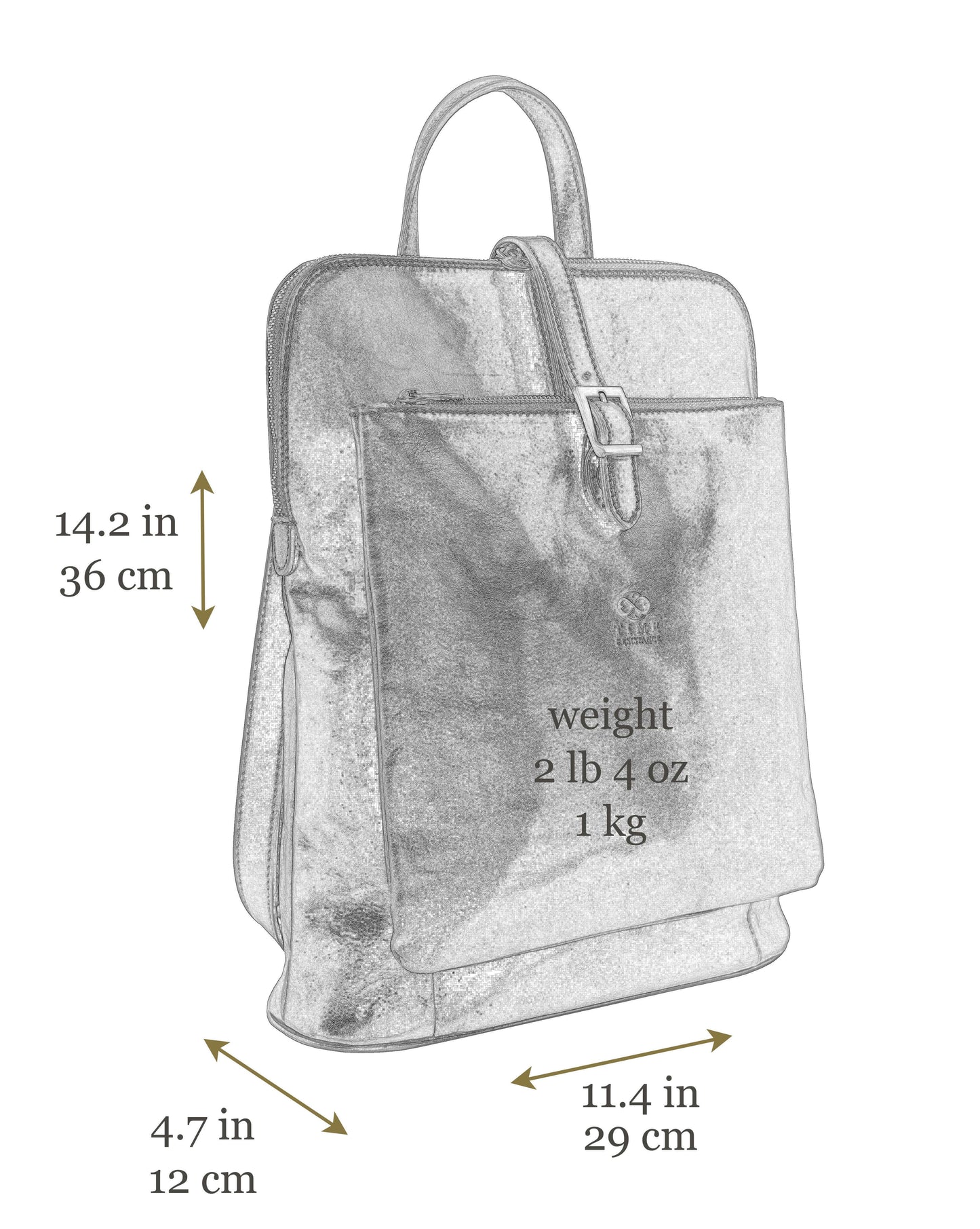 Gray backpack with measurements and weight details on a white background