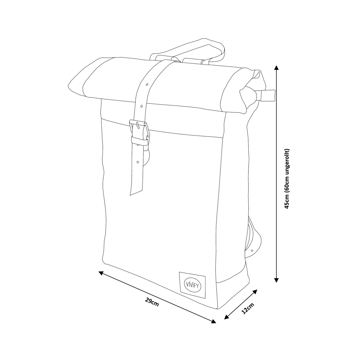 Line drawing of a backpack with dimensions labeled