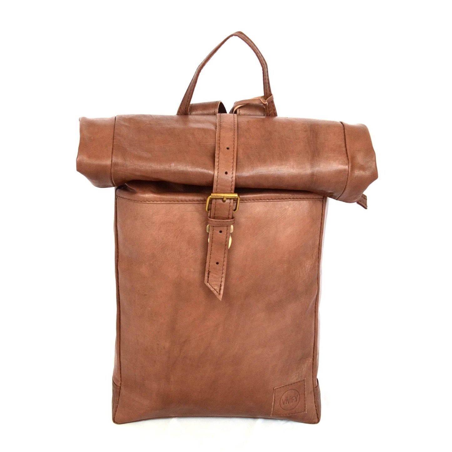 Brown leather backpack on a white background