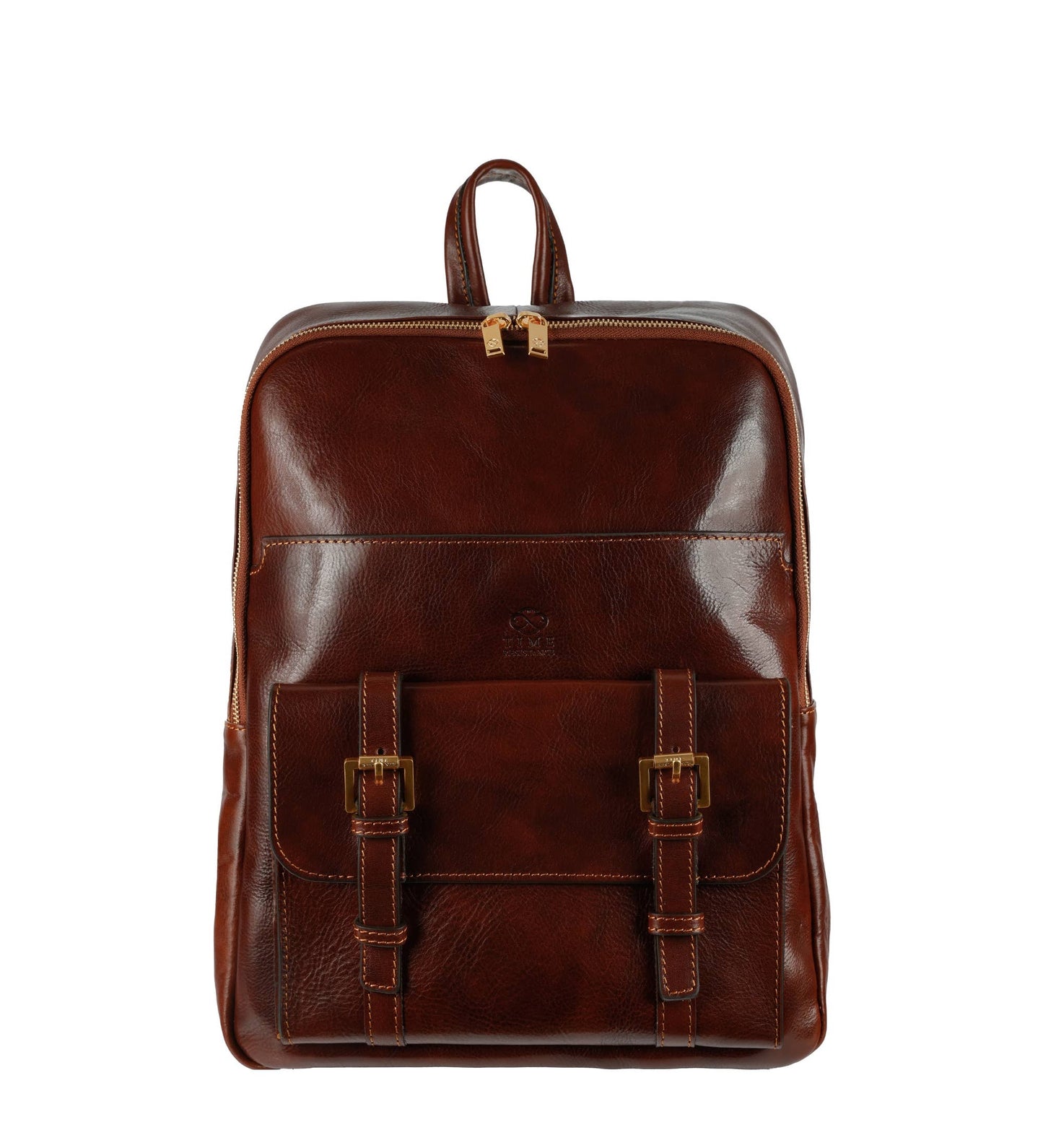 A large brown leather backpack with a front pocket and side buckles, made from full-grain cowhide.