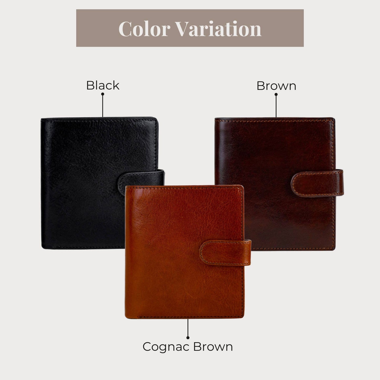Three leather wallets in black, brown, and cognac brown on a light gray background.