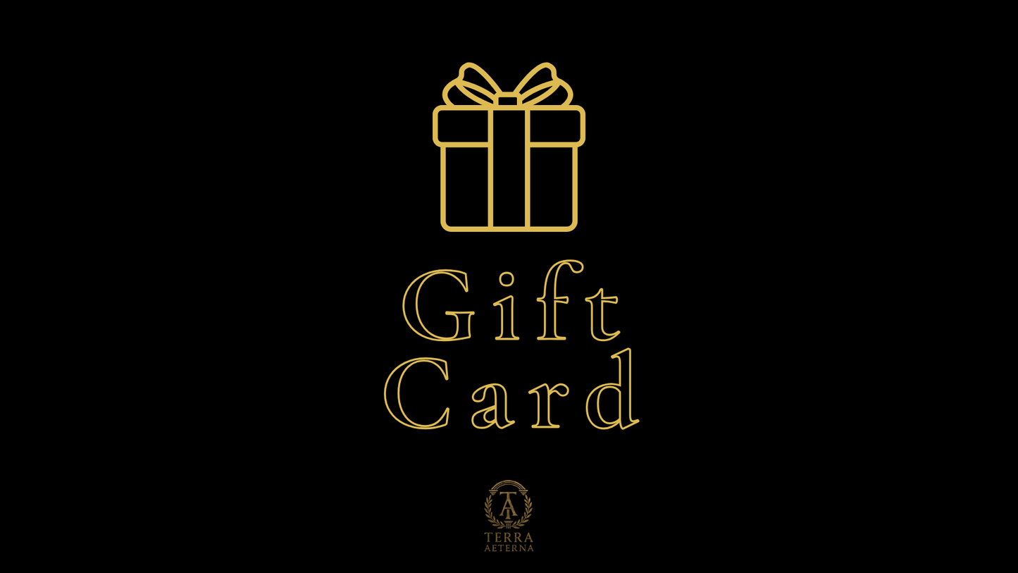 Stylish Gift Card design featuring a golden present logo by Terra Aeterna on a black background.