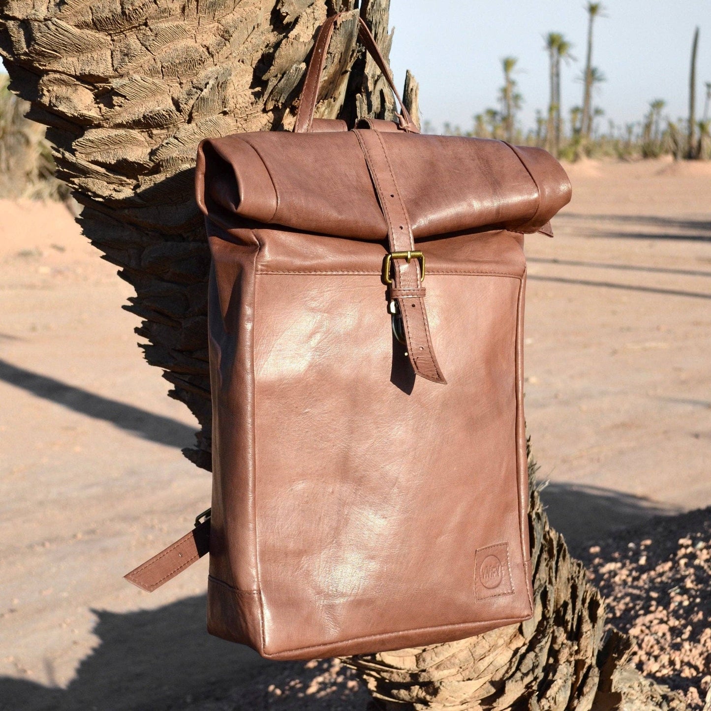 Brown leather backpack on a tree branch with a desert landscape in the background