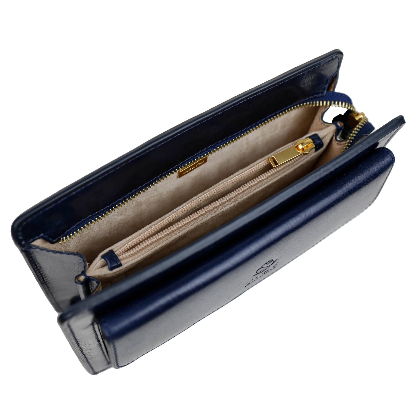 Navy blue wallet with gold zipper on a white background