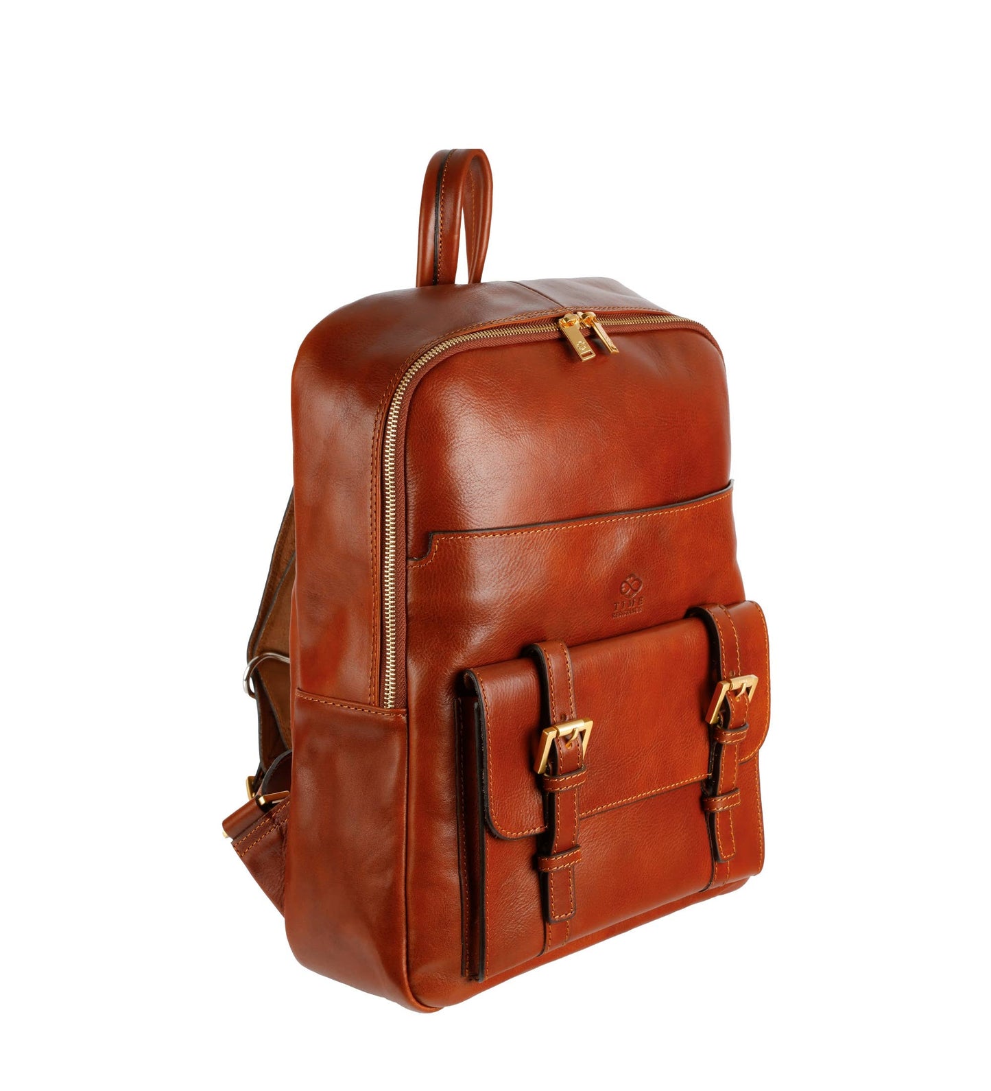Brown leather backpack on a white background