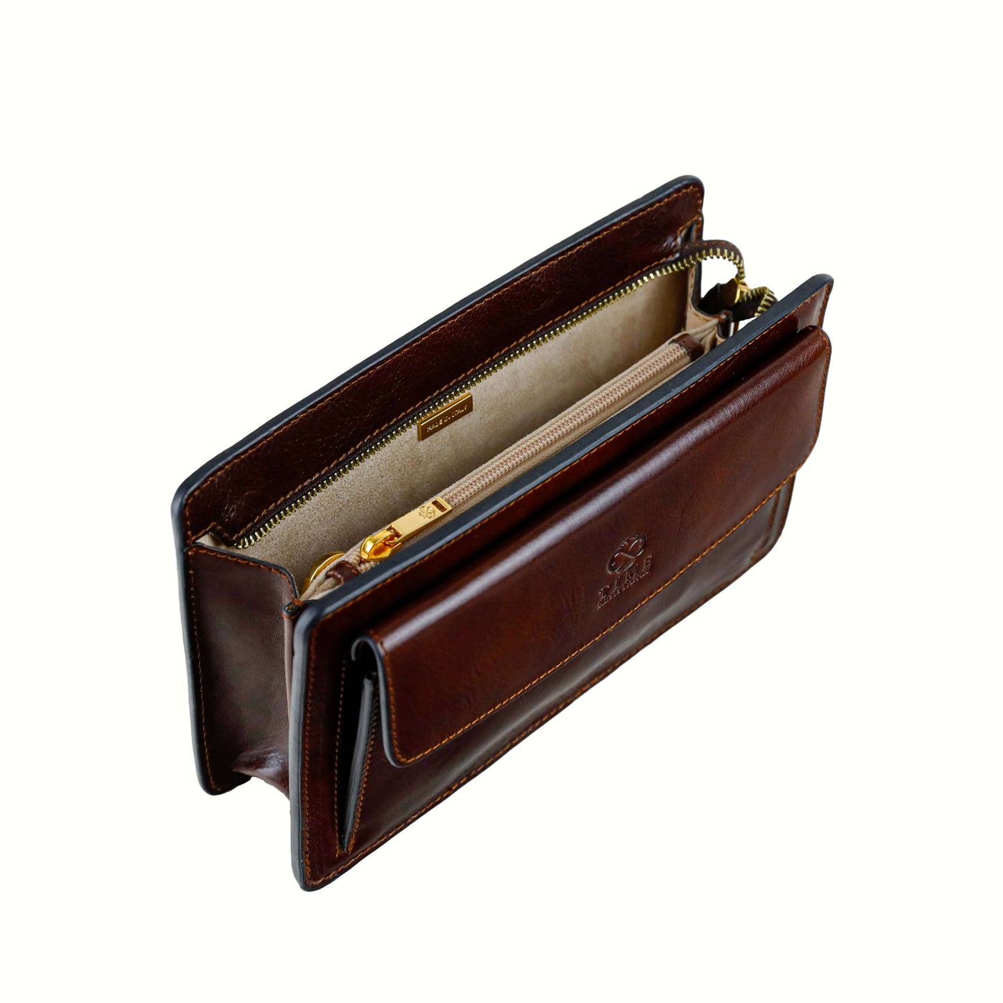 Brown leather wallet with gold zipper on a white background