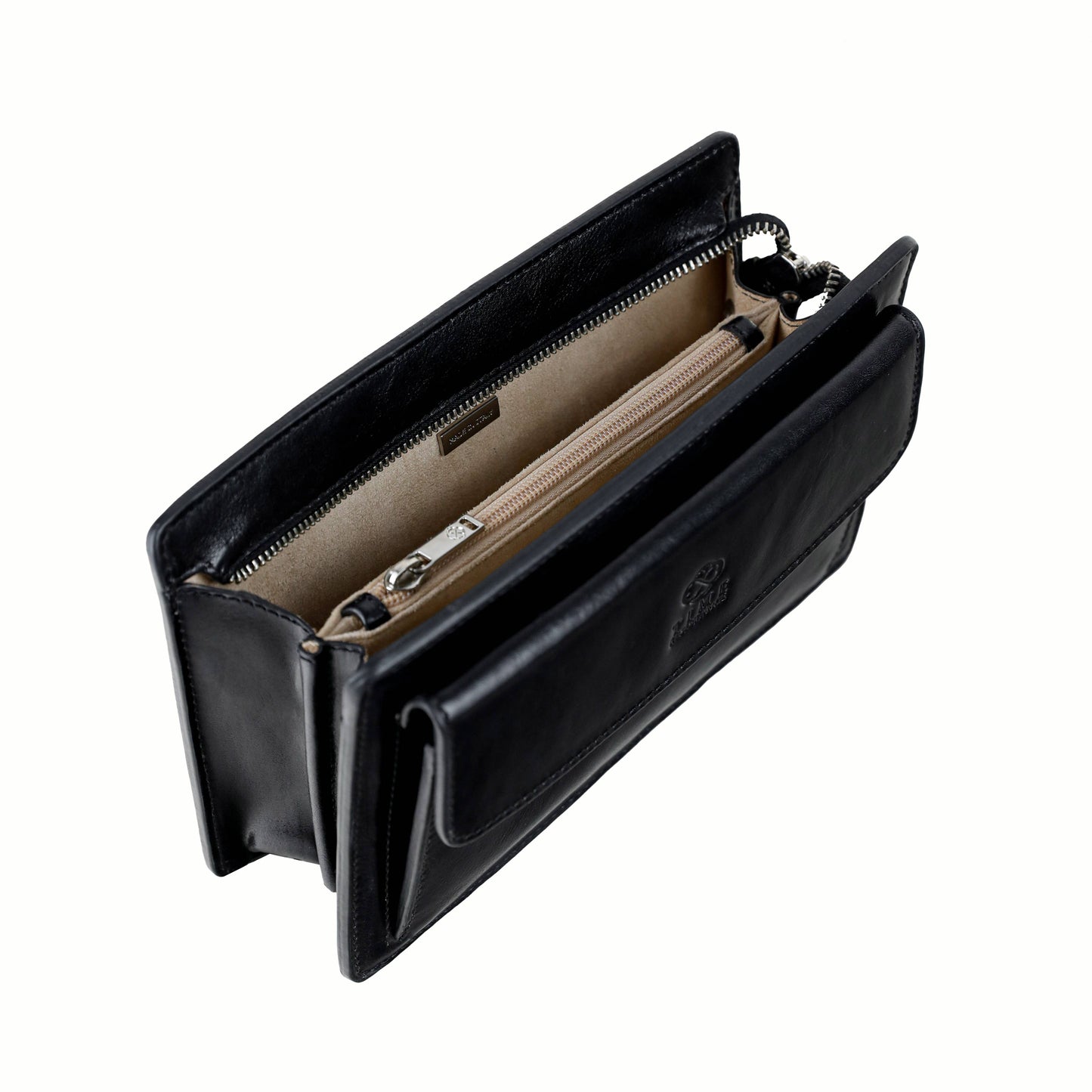 Black leather wallet with open design on a white background