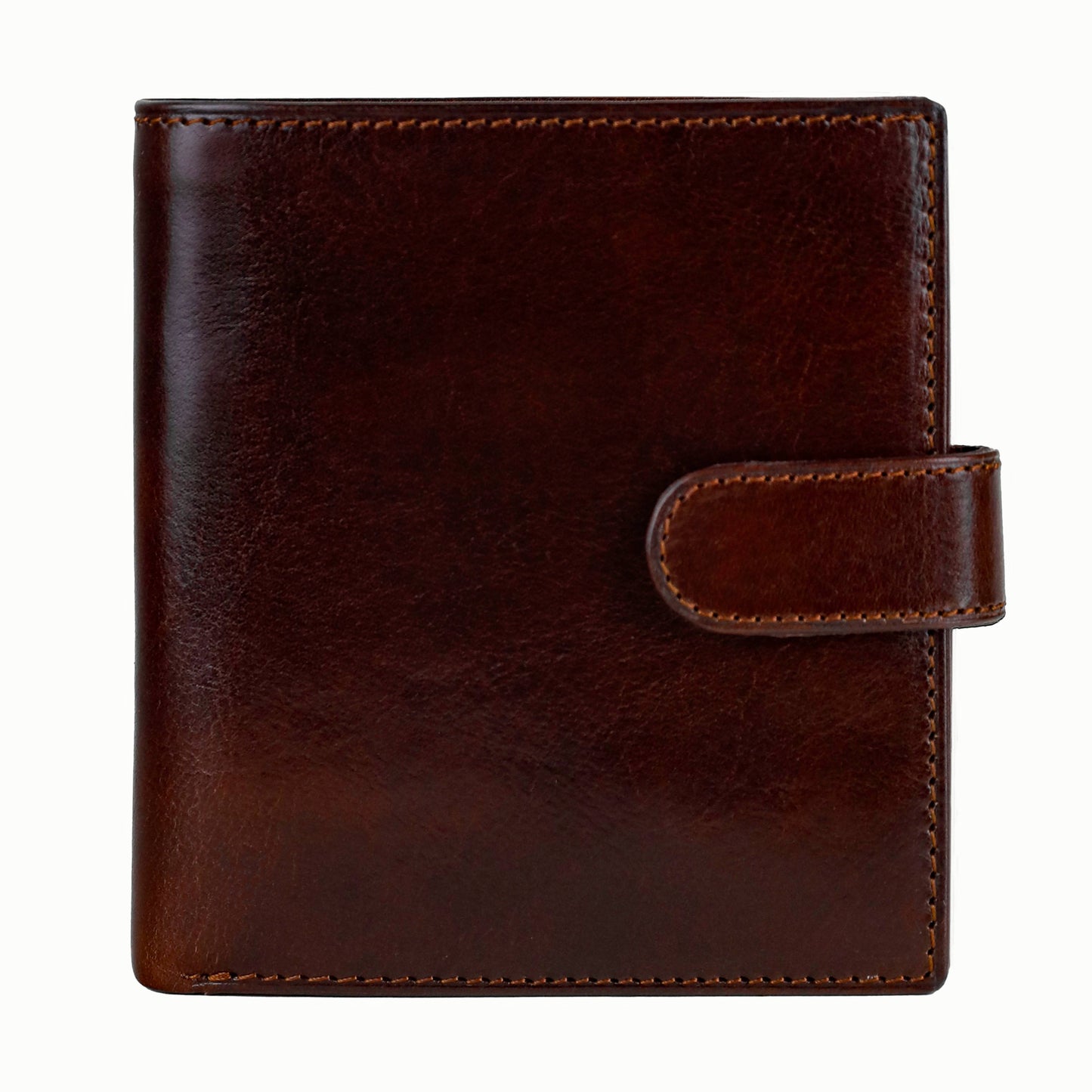 A brown leather bifold wallet with a snap closure.