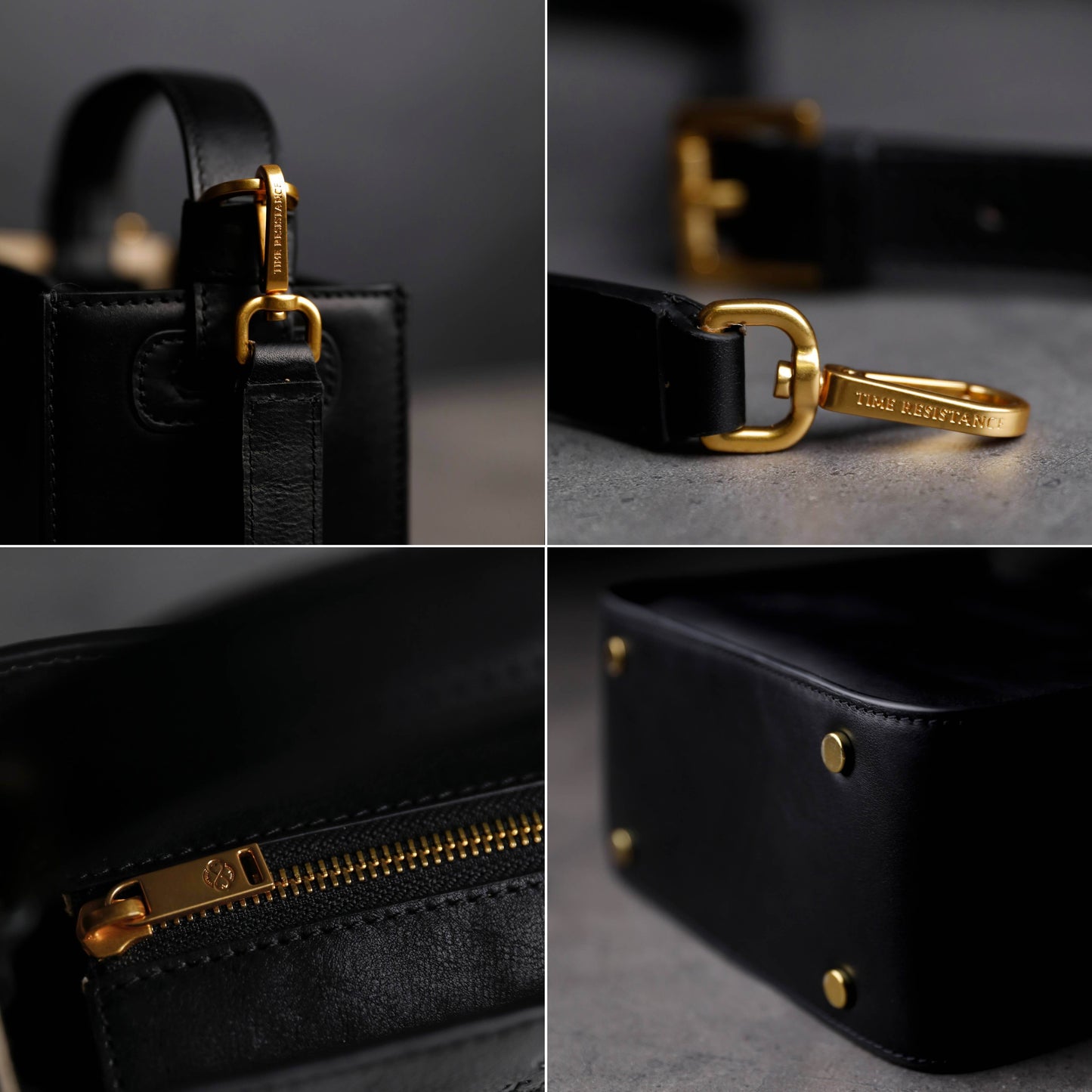 Close-up details of a black leather bag with gold hardware on a dark background
