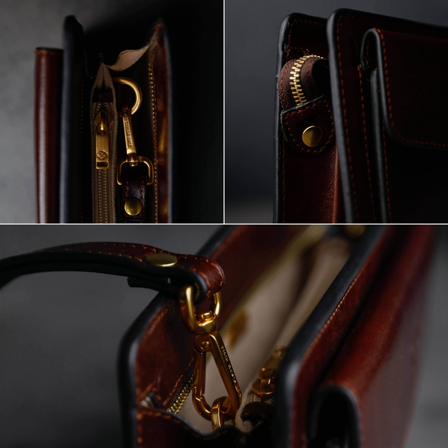Close-up of a brown leather clutch purse showcasing zipper details and gold hardware.