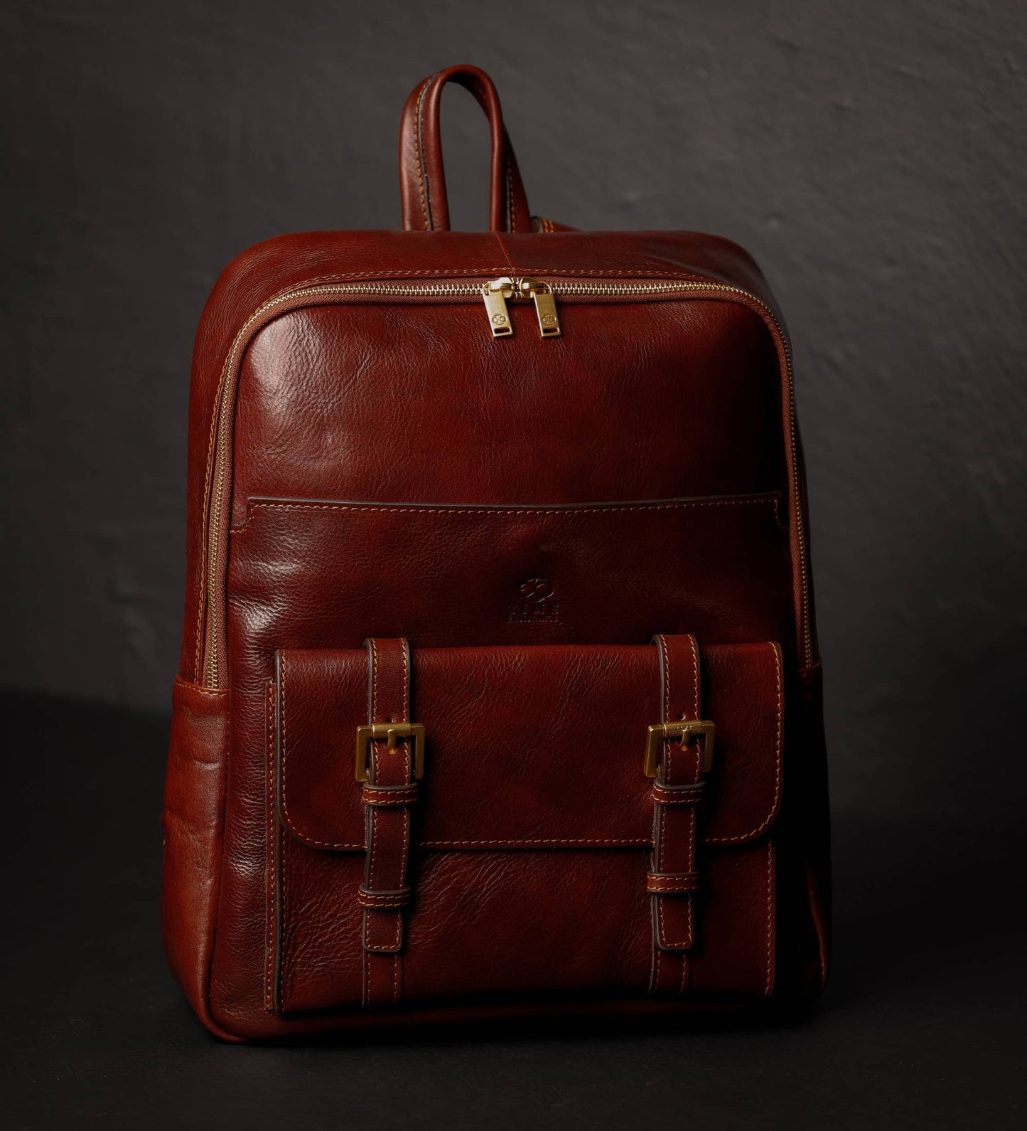 Brown leather backpack with gold zippers on a dark background