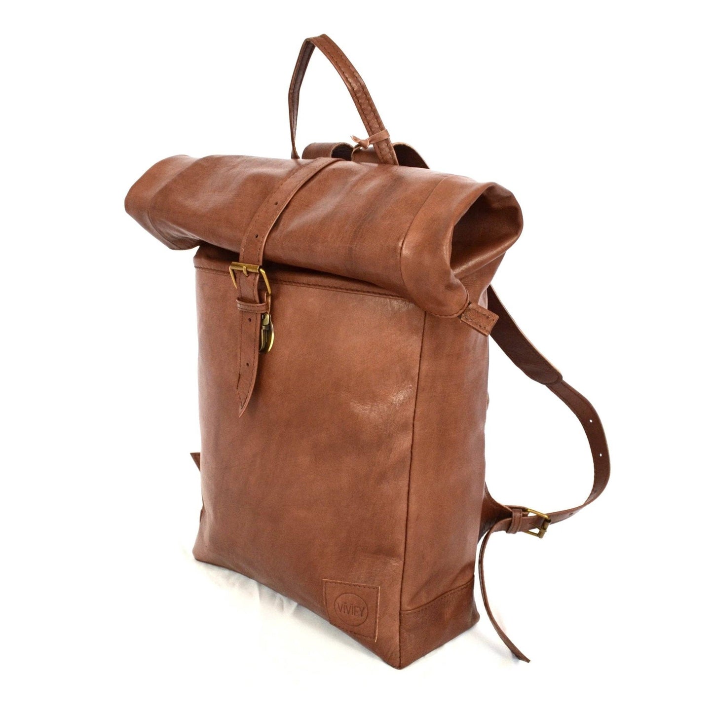 Brown leather backpack on a white background