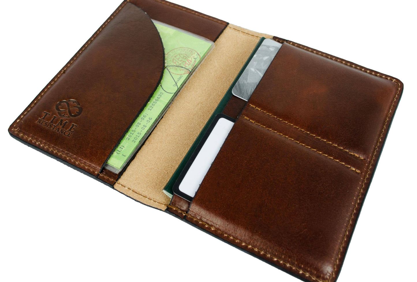 Brown leather wallet with card slots on a white background