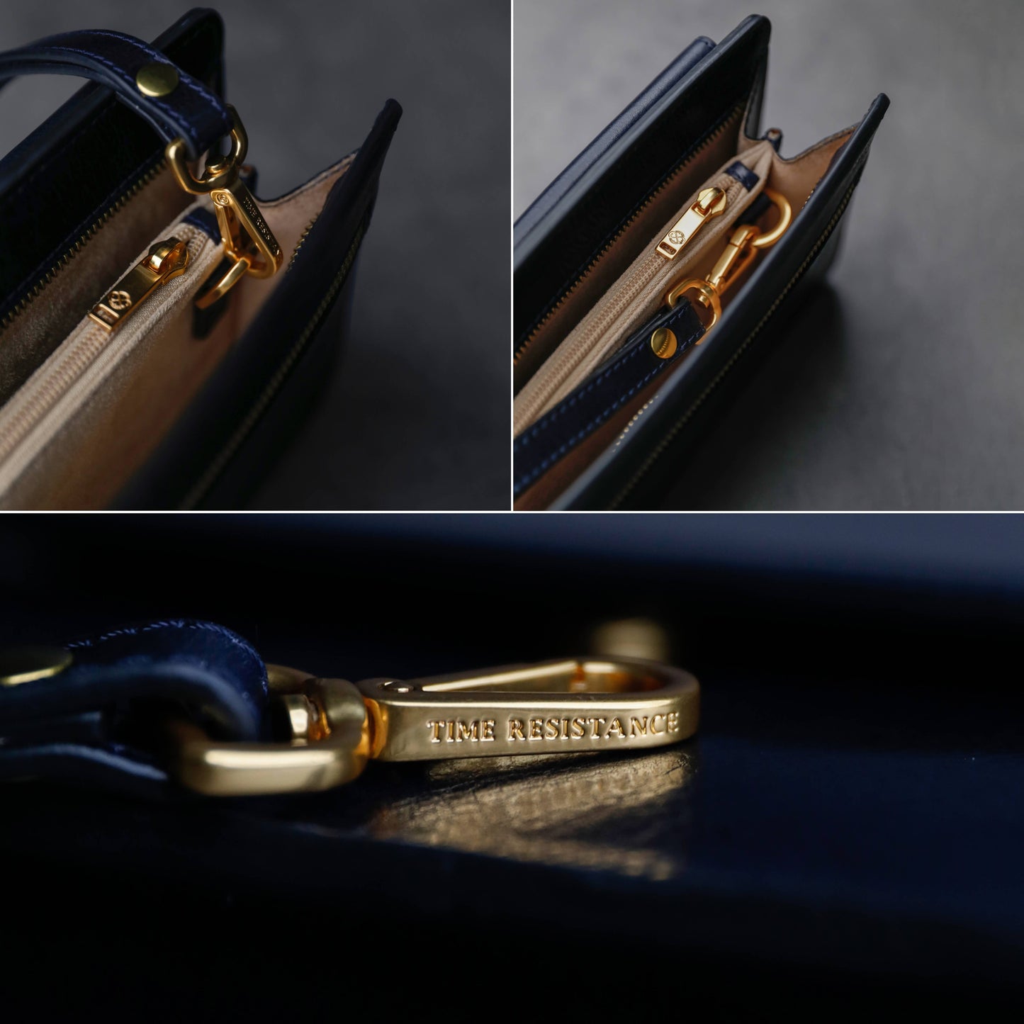 Collage of a black leather bag with gold hardware and 'The Resistance' branding.